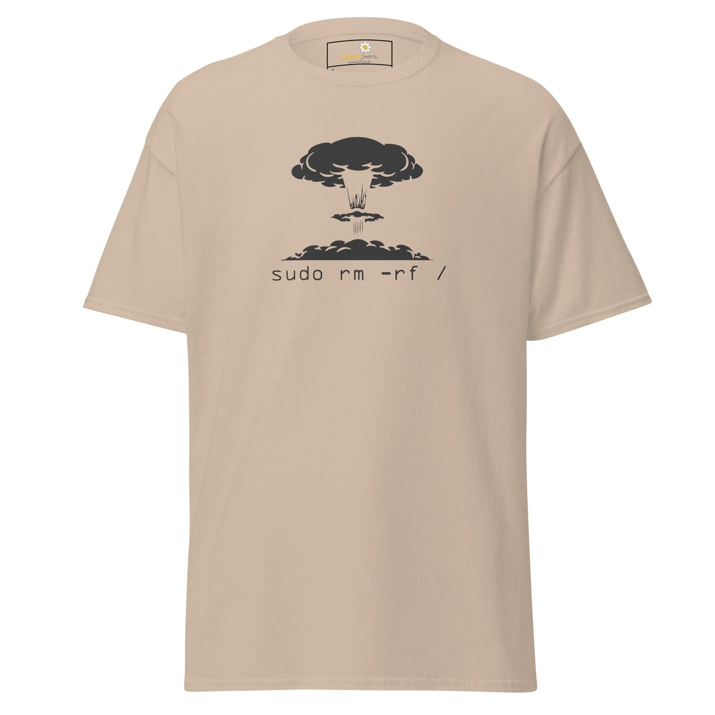 Beige T-shirt with mushroom cloud graphic for men and women, available in S to XL sizes