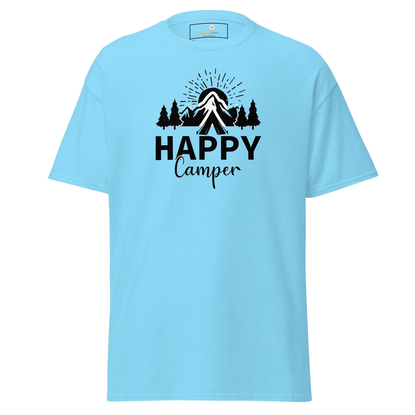 Light blue T-shirt with camping graphic for men and women, available in sizes S to XL