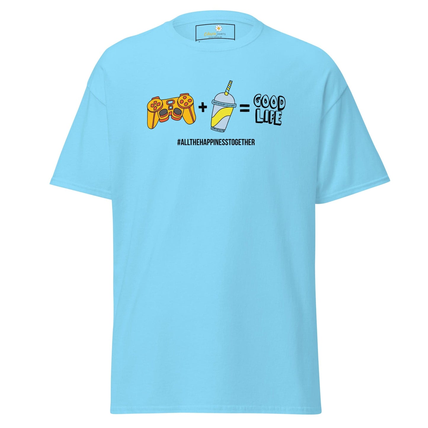 Light blue T-shirt with gaming and beverage graphic for Men and Women in sizes S to XL
