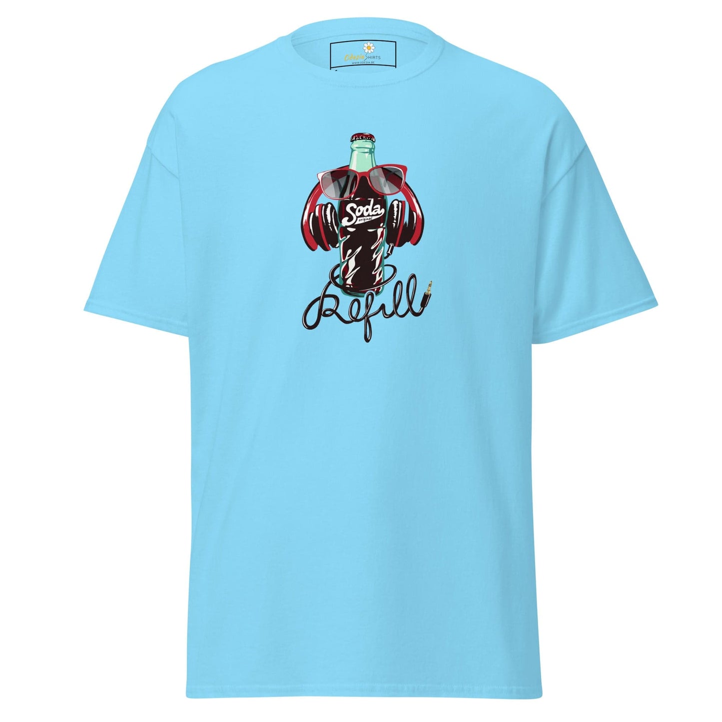 Light blue T-shirt with Soda Bottle graphic for Men and Women, available in S to XL