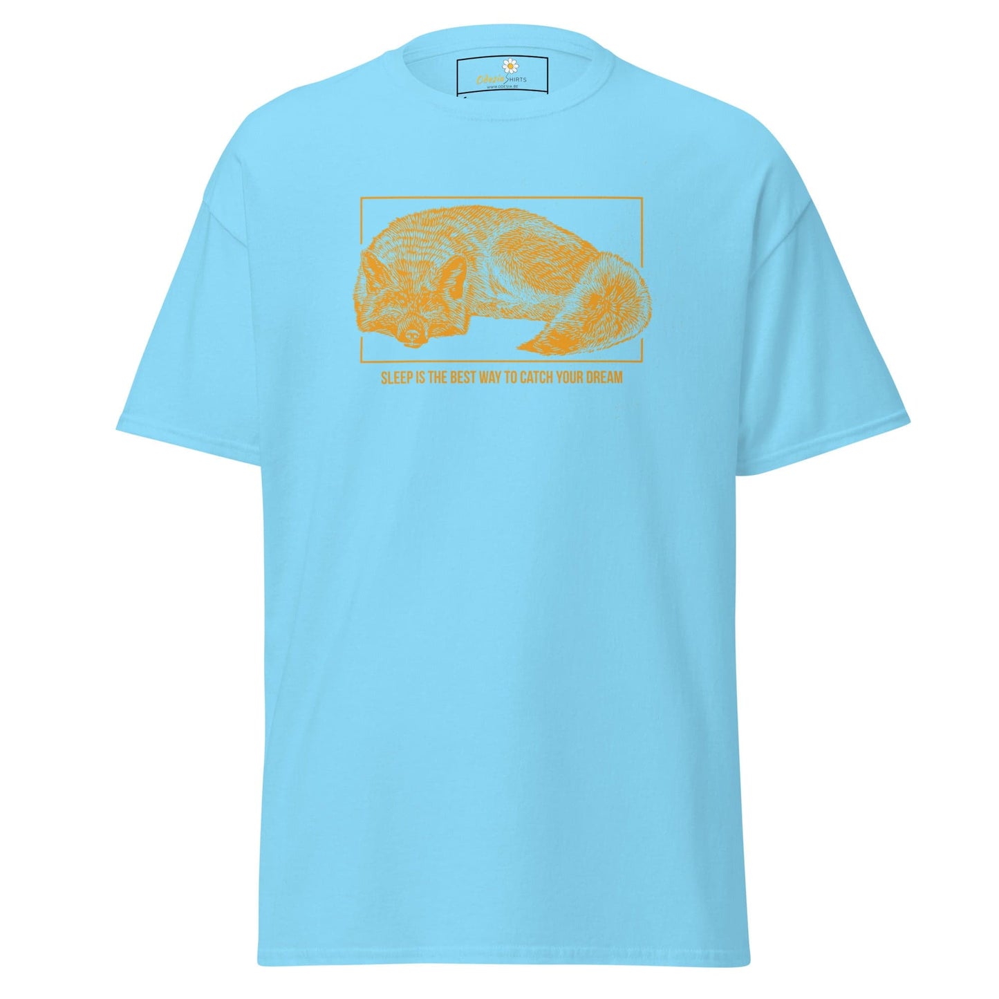 Light blue T-shirt with orange graphic for Men and Women in size S to XL