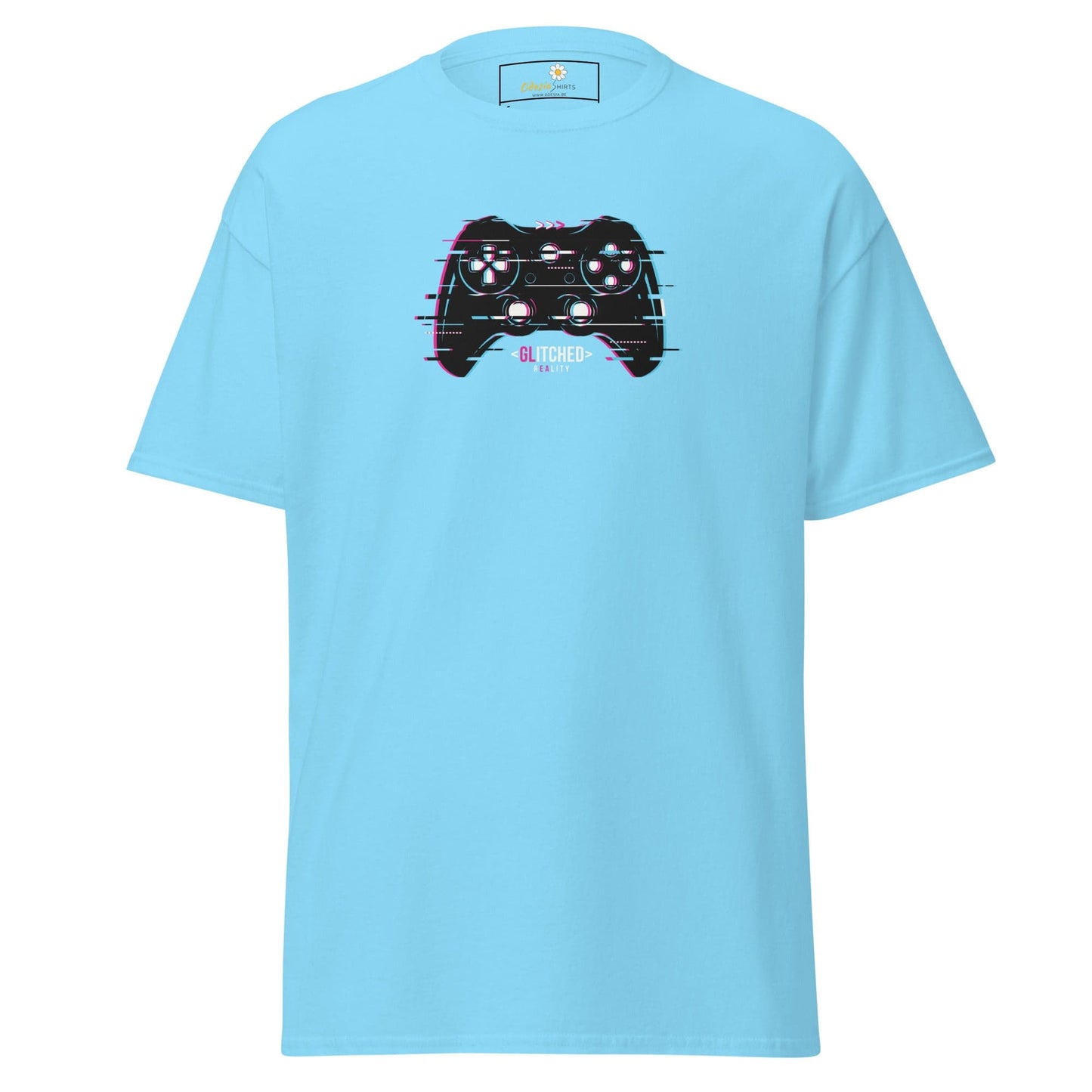 Light blue T-shirt featuring a glitchy game controller design for men and women