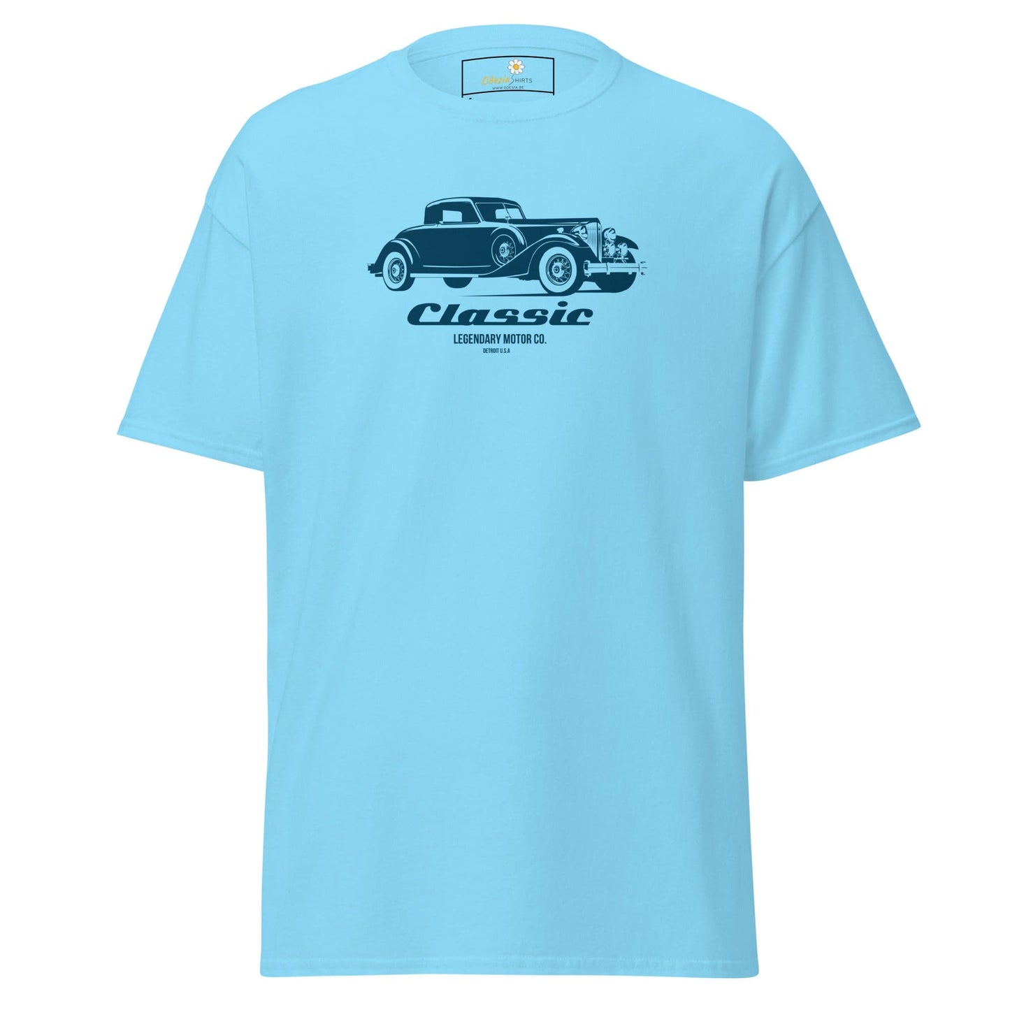 Light blue T-shirt featuring a classic car design for men and women, sizes S to XL
