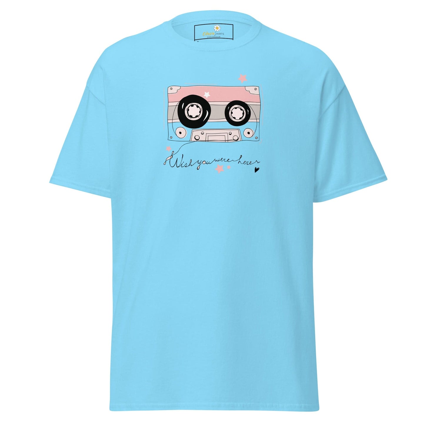 Light blue T-shirt with cassette tape graphic displayed in T-SHIRT DESIGN TEE for Men and Women
