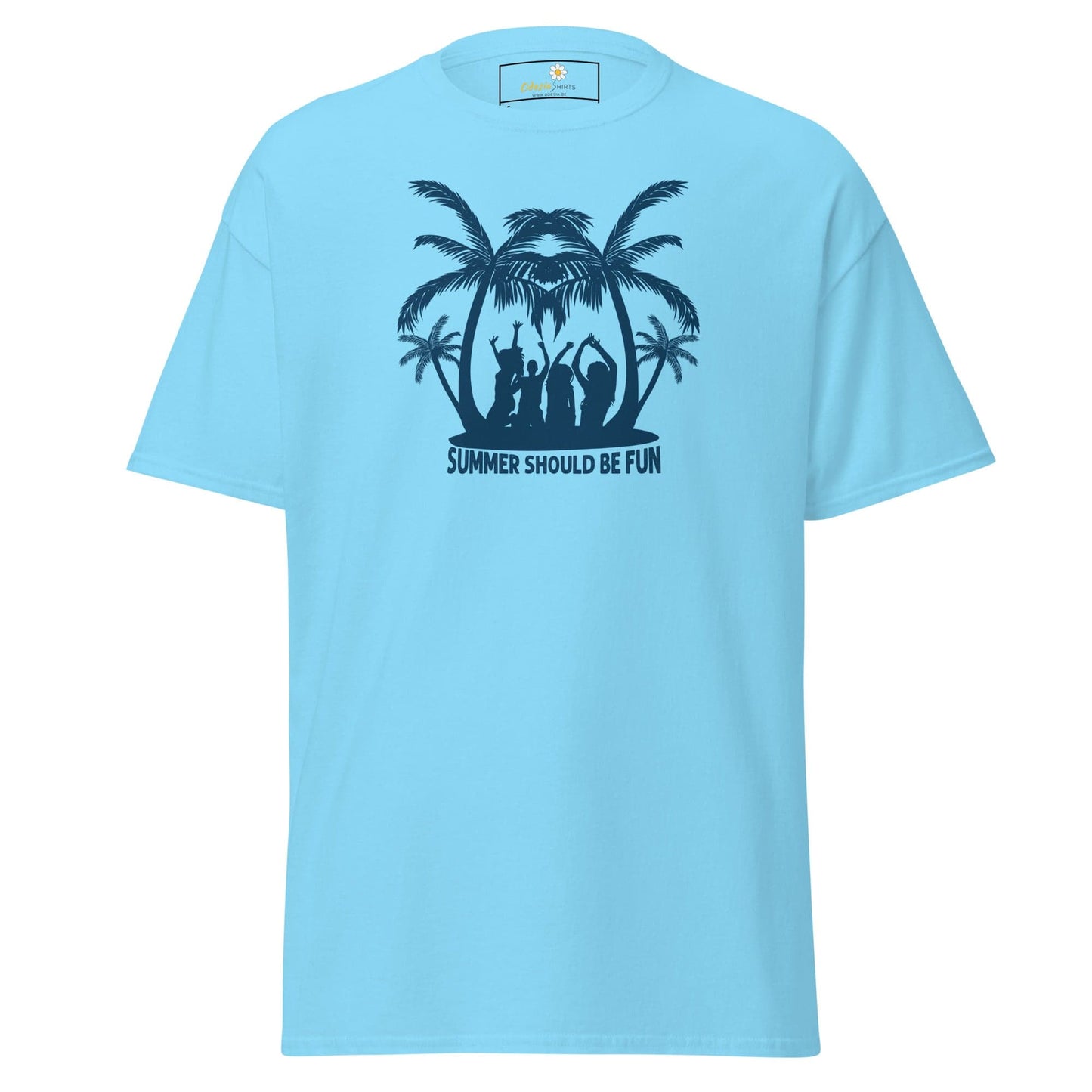 Light blue T-shirt with a summer-themed graphic for men and women Sizes S to XL