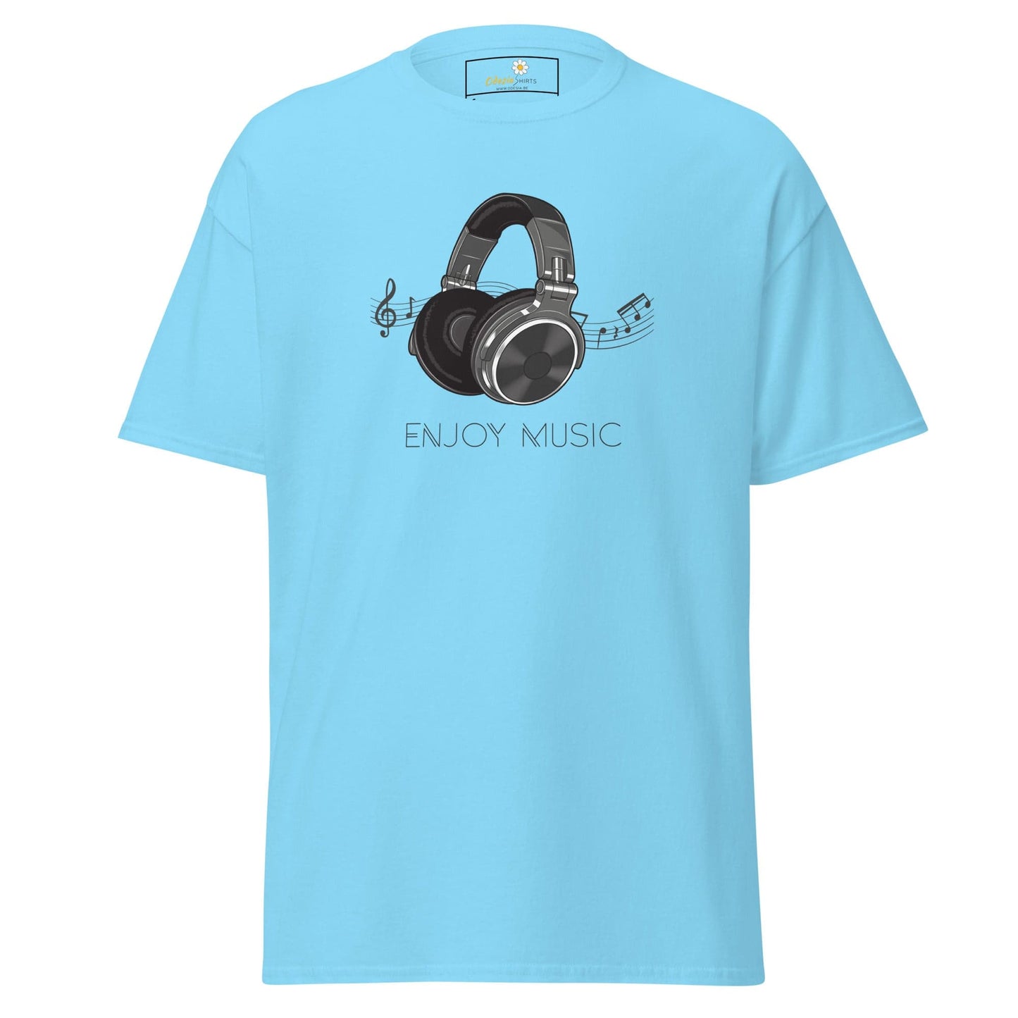 Light blue T-shirt featuring a headphone graphic for men and women in sizes S to XL