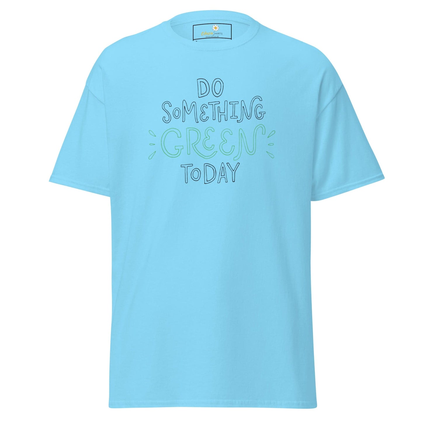 Light blue T-shirt displaying Do Something Green Today slogan for Men and Women in sizes S to XL