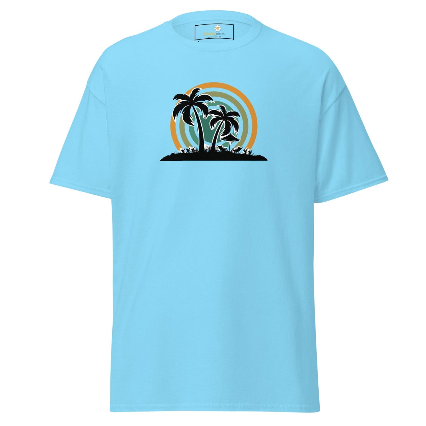 Light blue T-shirt featuring a tropical island graphic suitable for men and women