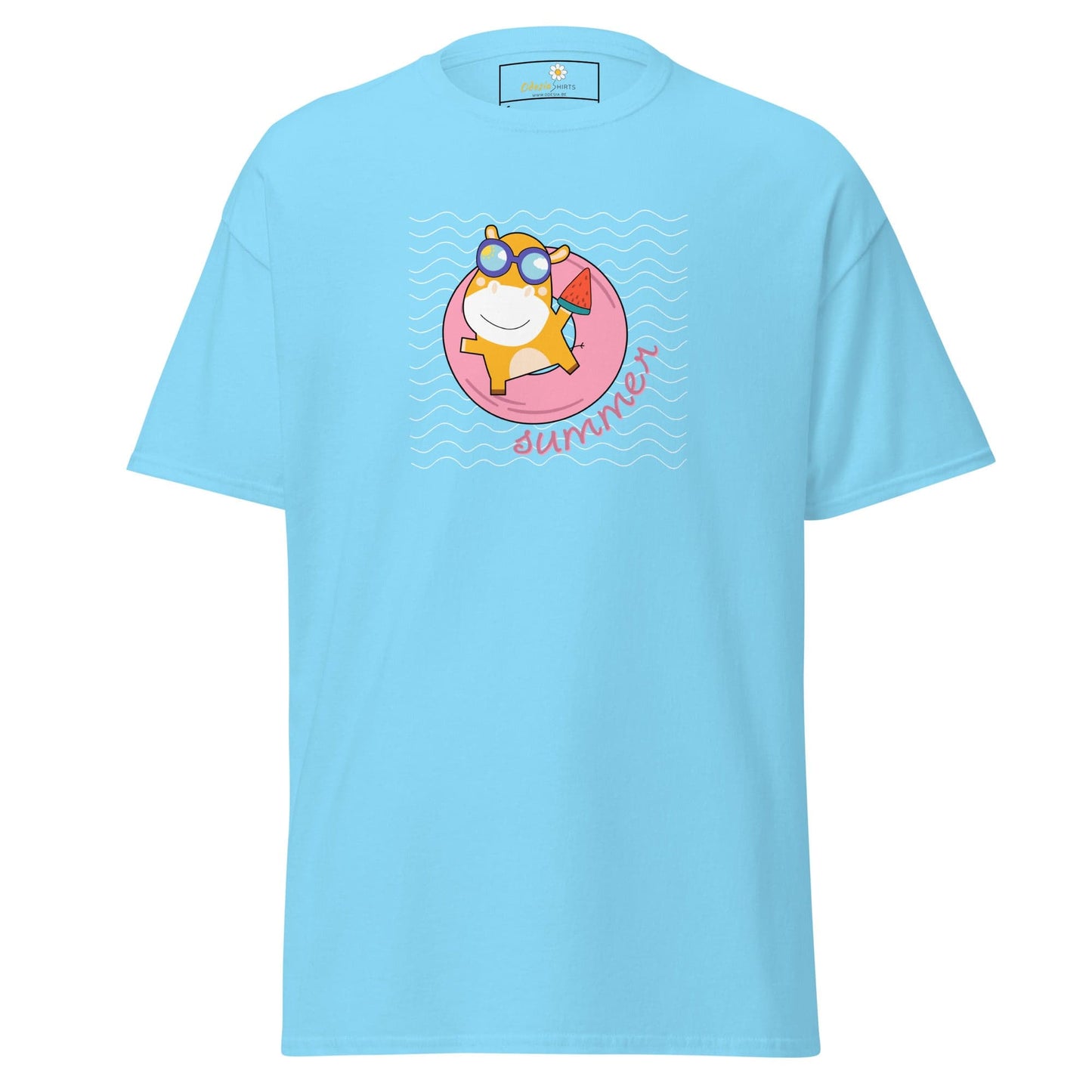 Light blue T-Shirt with cartoon graphic for Men and Women in sizes S to XL