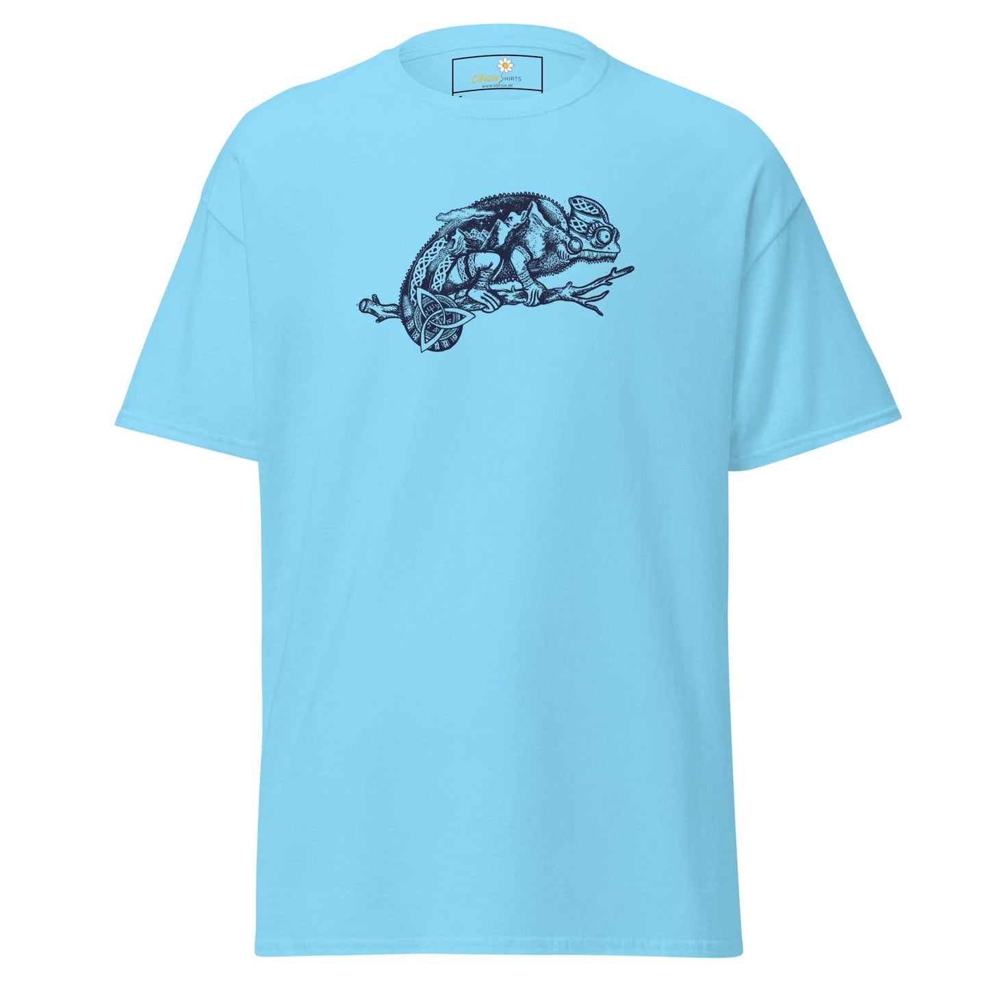 Light blue T-shirt with chameleon design, suitable for men and women sizes S to XL