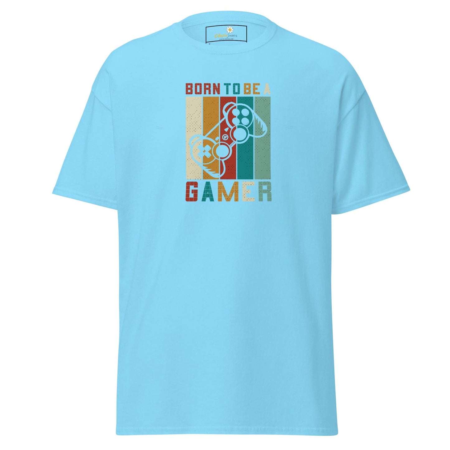 Light blue T-shirt with gaming controller graphic for men and women, available in S to XL
