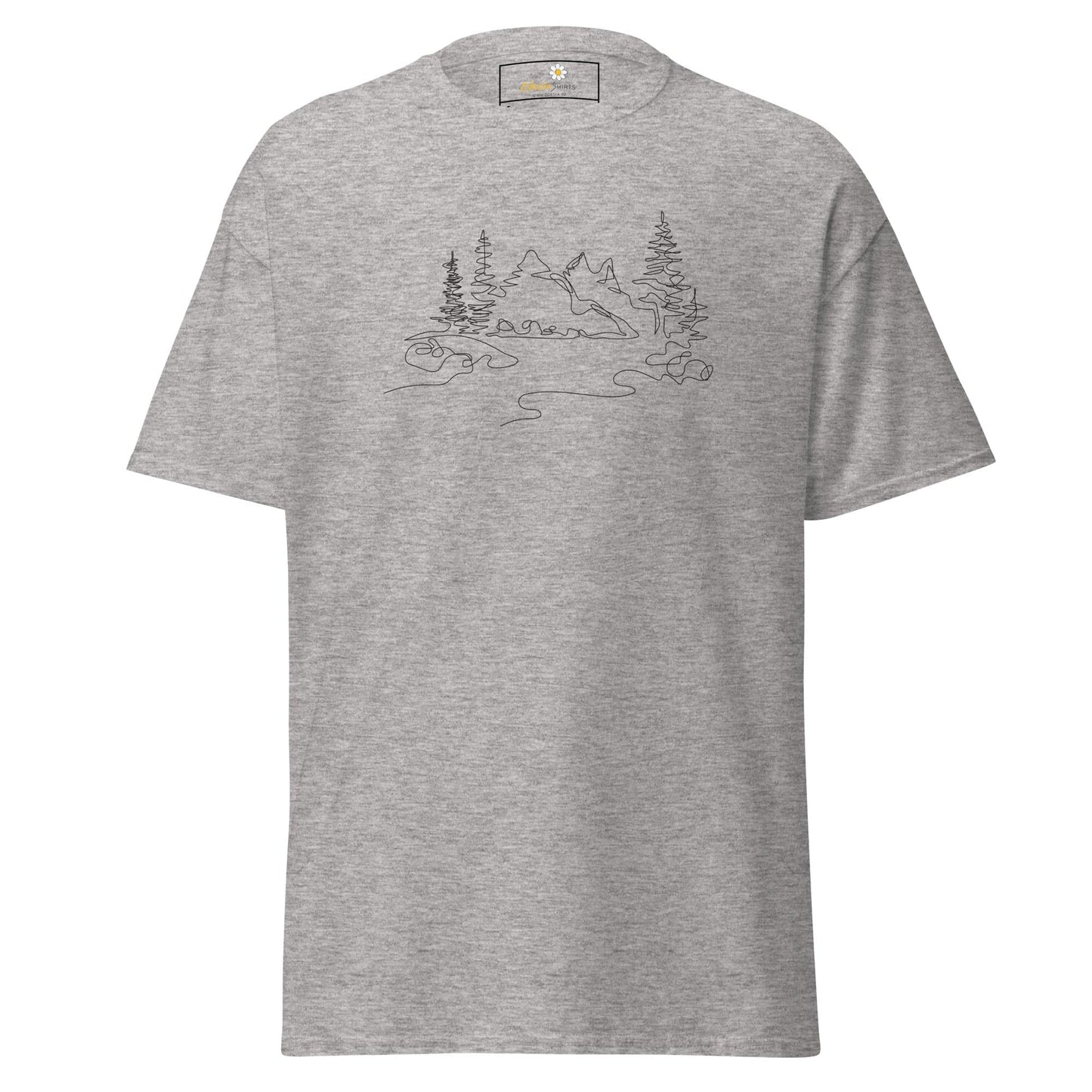 Gray T-shirt featuring mountain and tree design for Men and Women in sizes S to XL