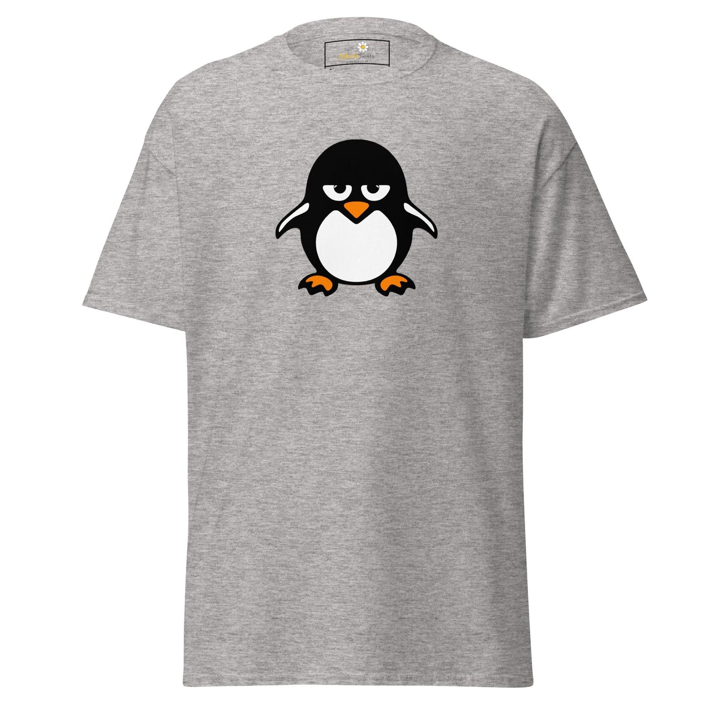 Gray T-Shirt with a cartoon Penguin design, suitable for men and women sizes S to XL