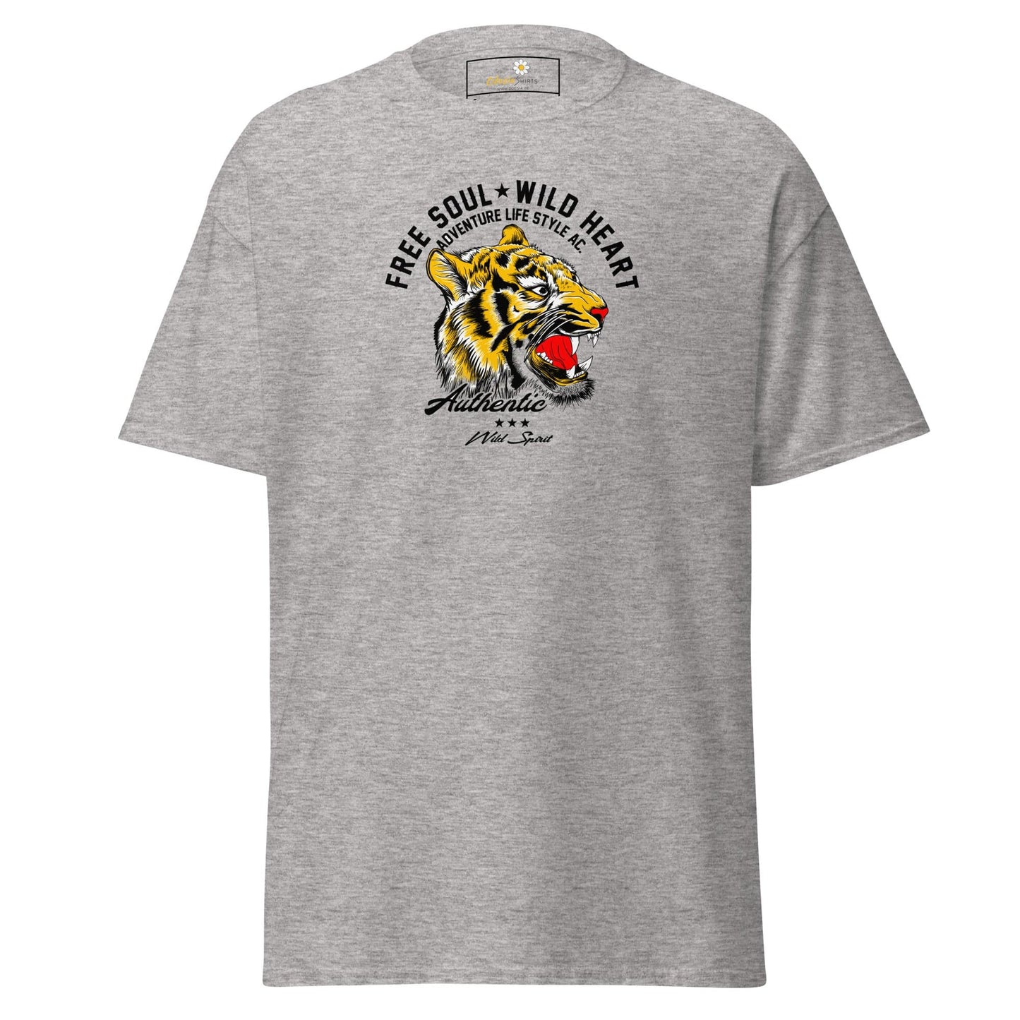 Gray T-shirt with tiger graphic from T-SHIRT DESIGN TEE for Men and Women