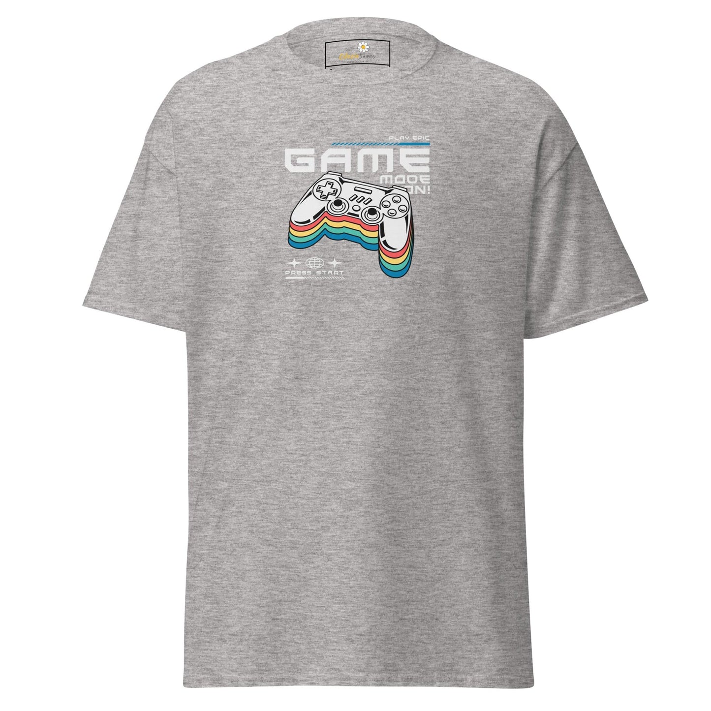 Gray T-shirt featuring a gaming controller graphic, available in S to XL sizes