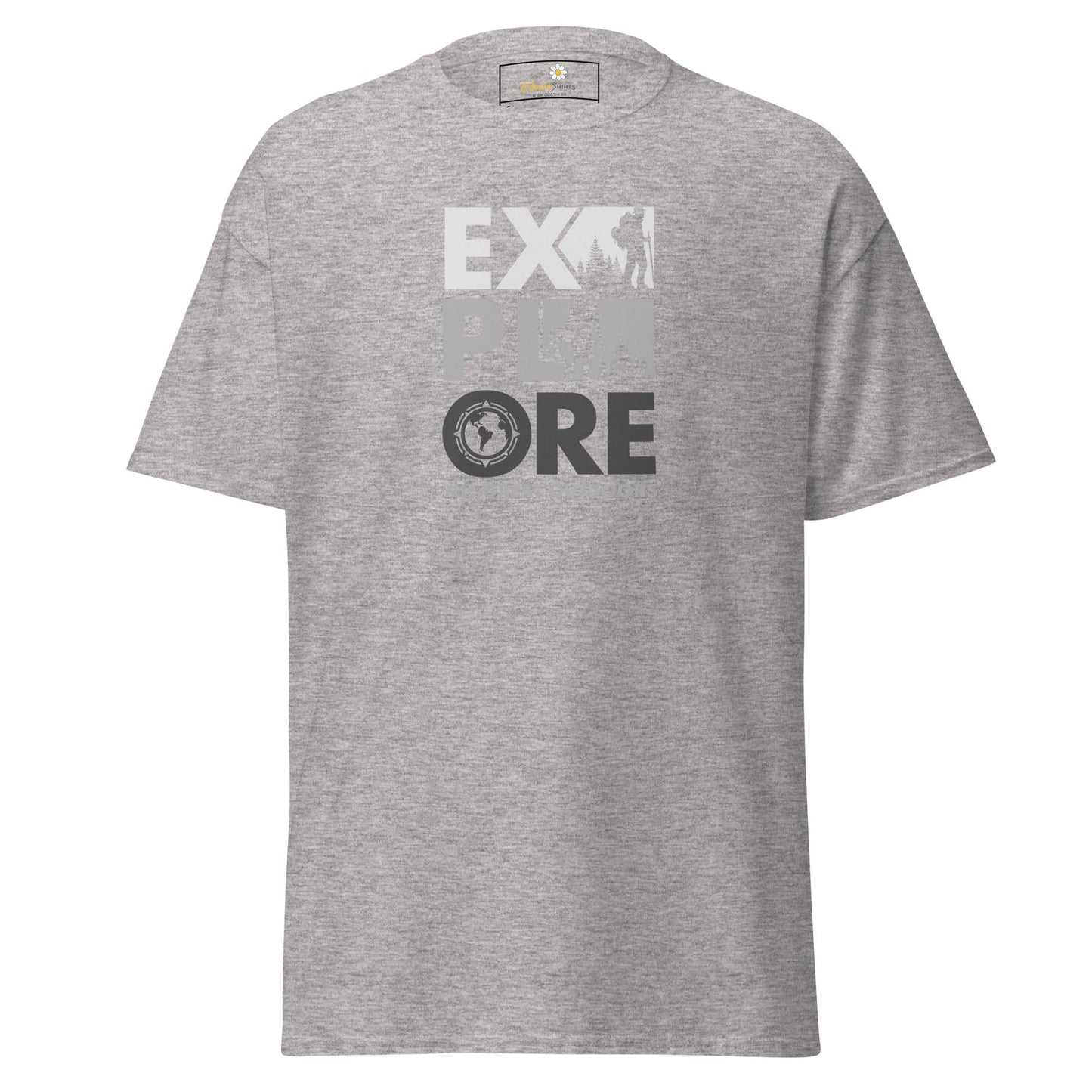 Gray T-shirt with Explore graphic for Men and Women, available in sizes S to XL