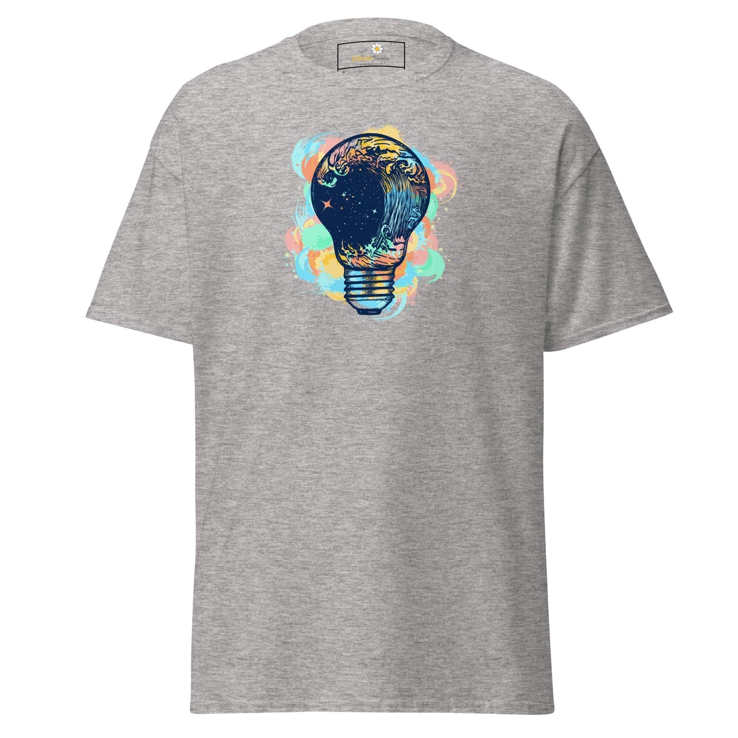 Gray T-shirt with lightbulb design for men and women in sizes S to XL