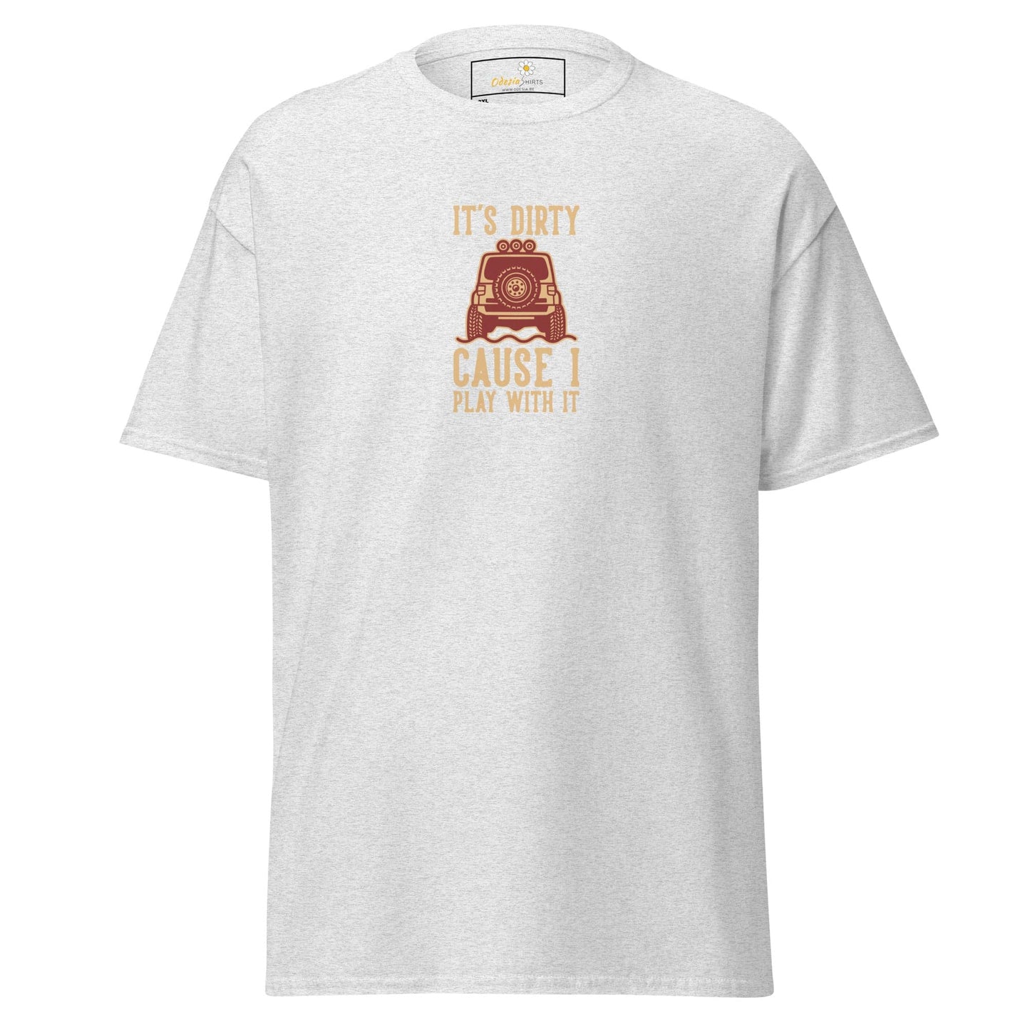 White t-shirt with off-road vehicle graphic.