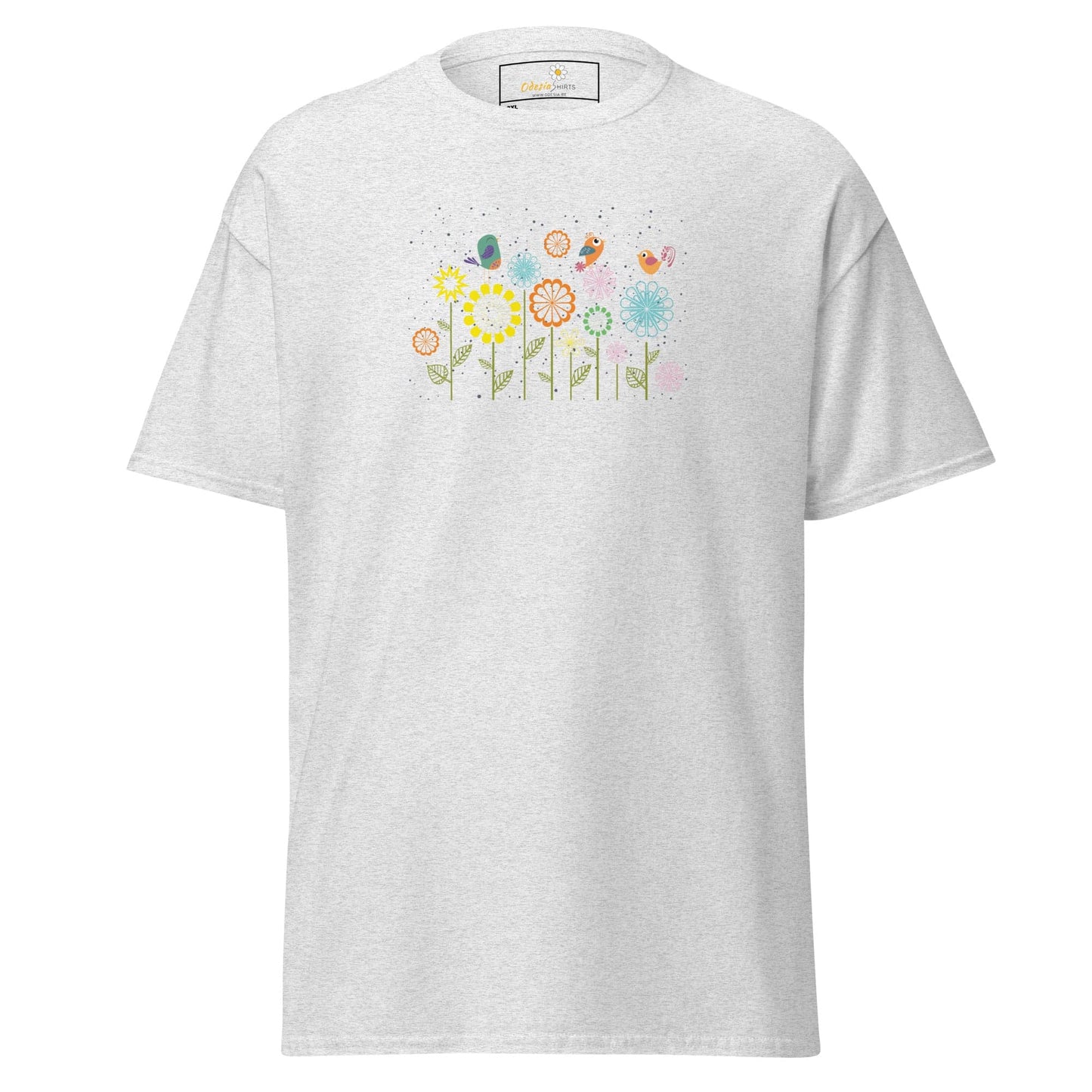 White t-shirt with floral design.