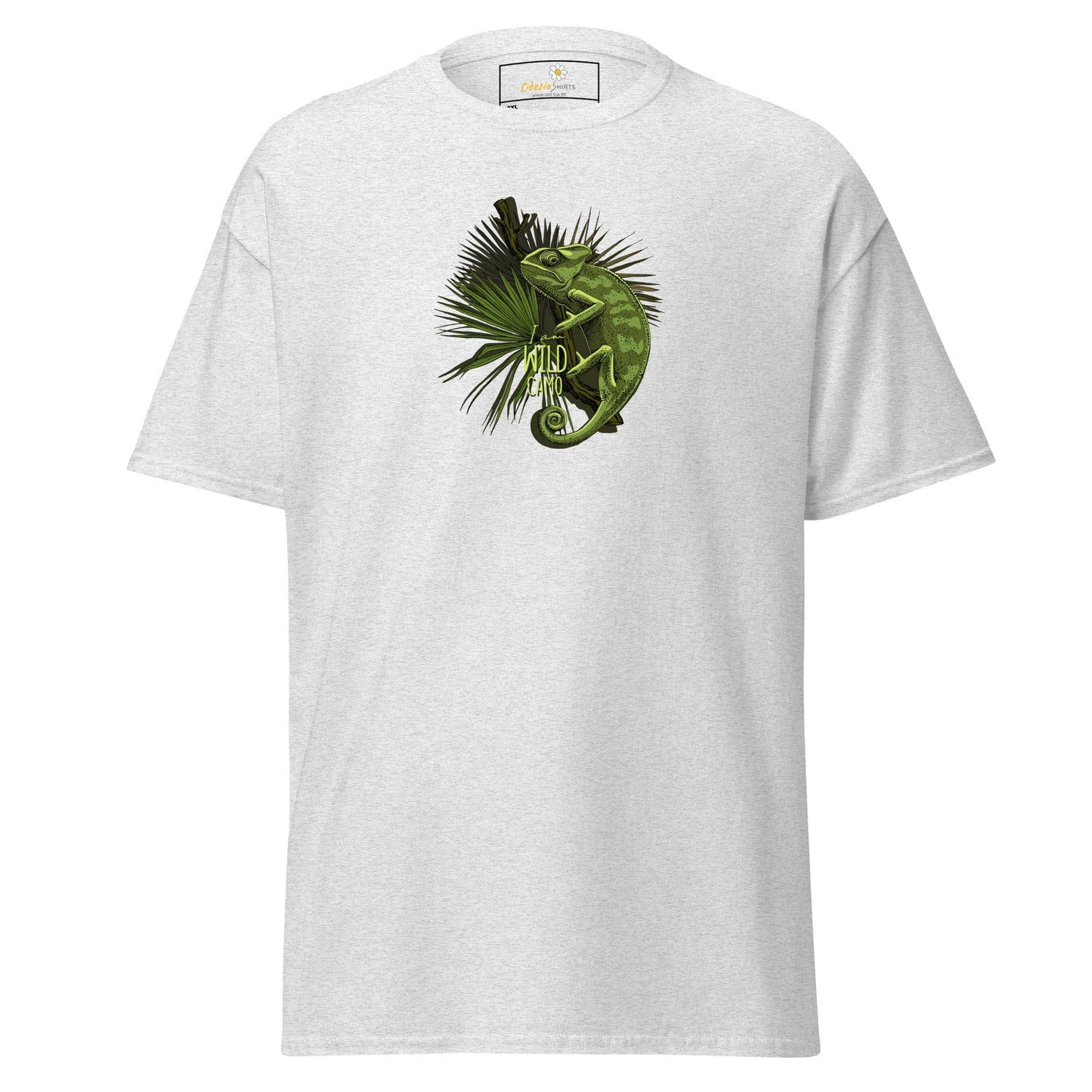 White t-shirt with chameleon graphic.