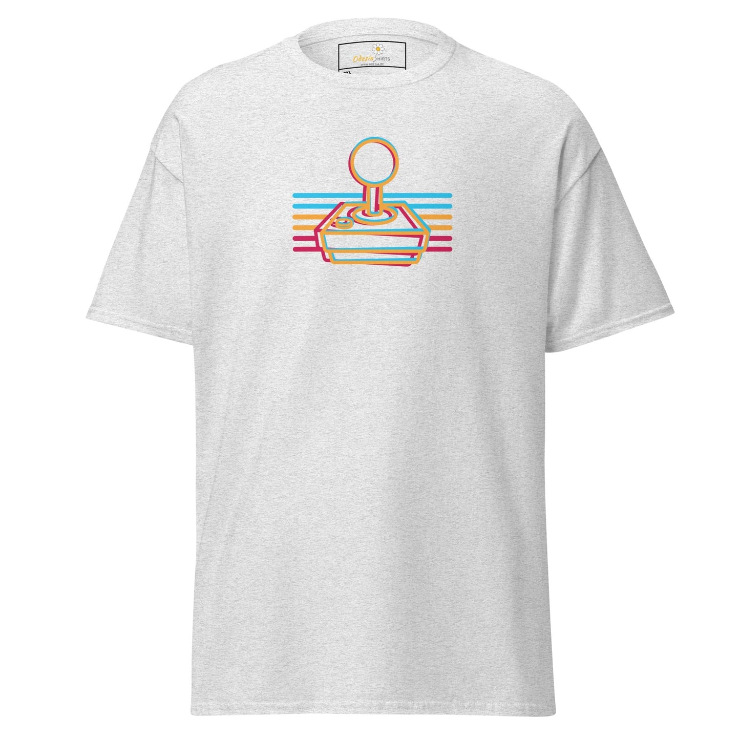 White t-shirt with retro joystick design.