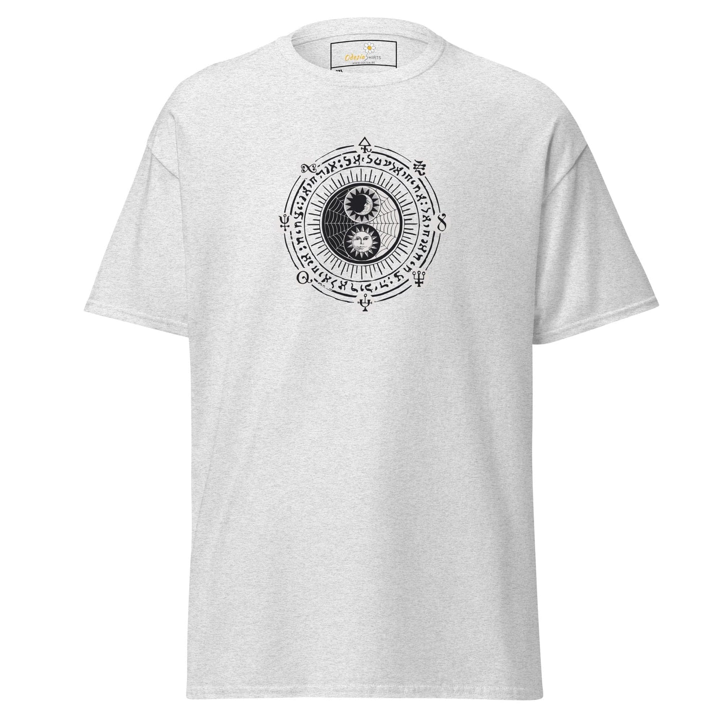 White t-shirt with yin-yang design.