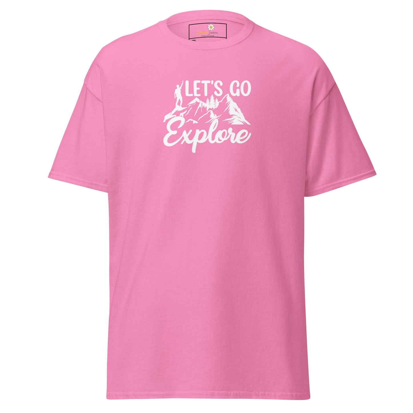 Pink T-shirt with Let’s Go Explore graphic for Men and Women in 2XL to 5XL sizes