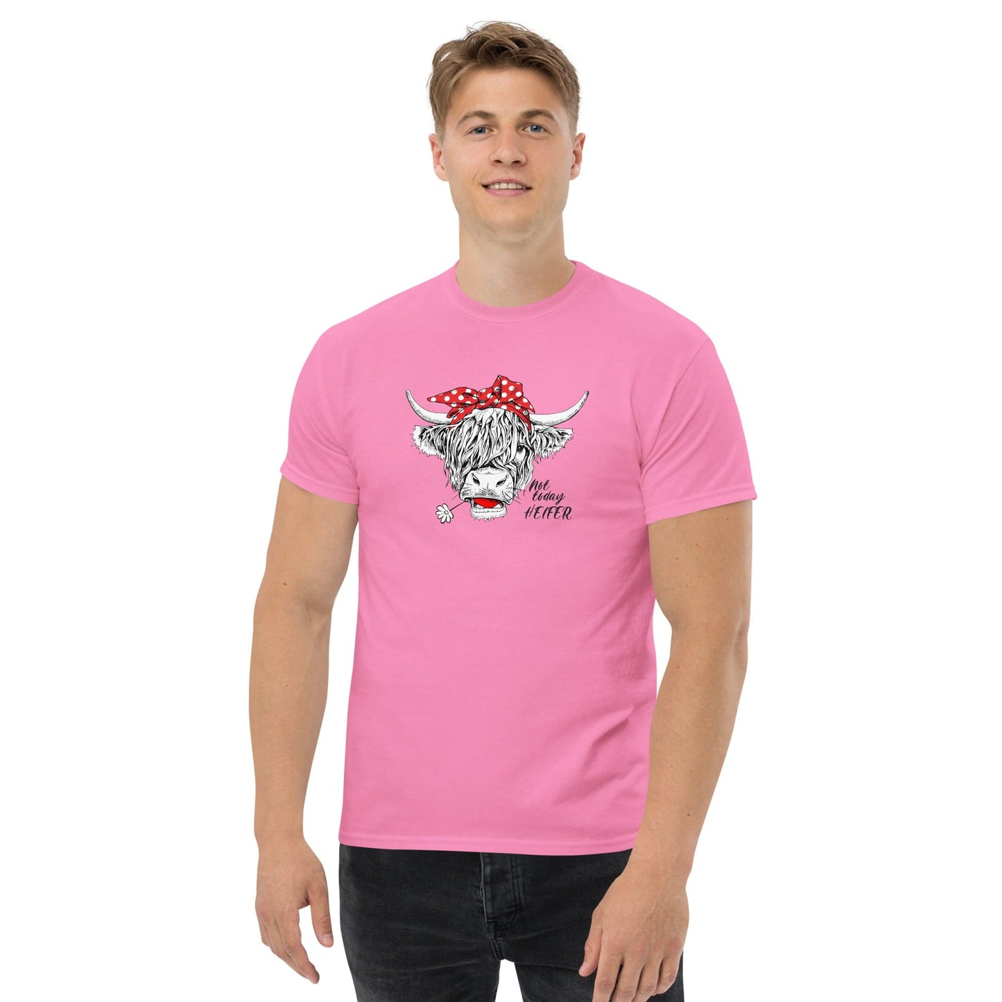 Pink t-shirt with cow graphic.