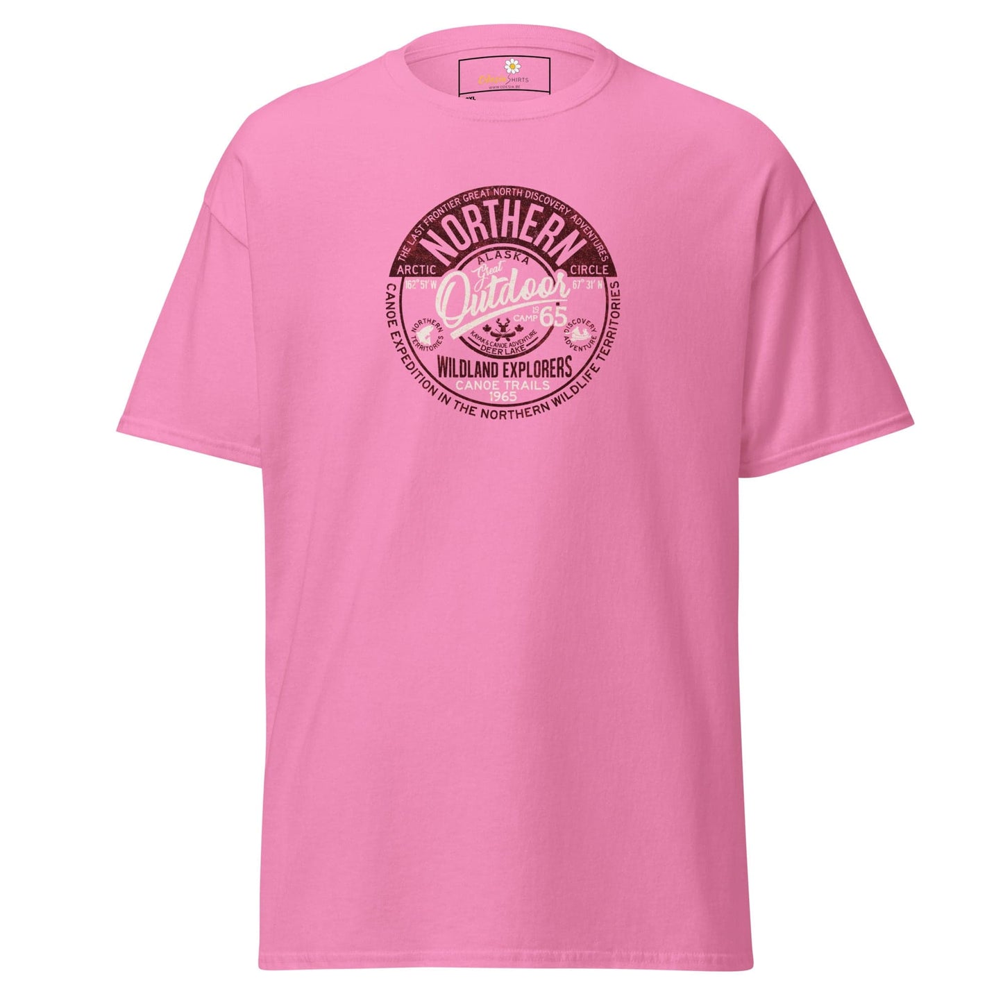 Pink t-shirt with circular graphic.