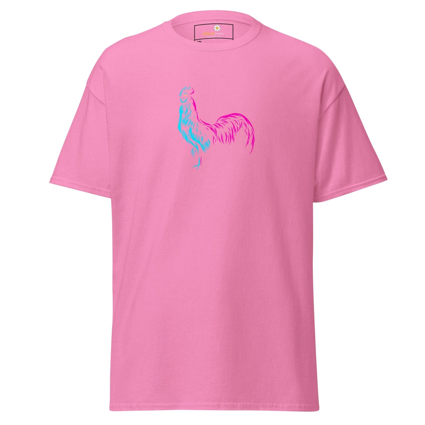Pink T-shirt with blue and pink rooster design for Men and Women in sizes 2XL to 5XL