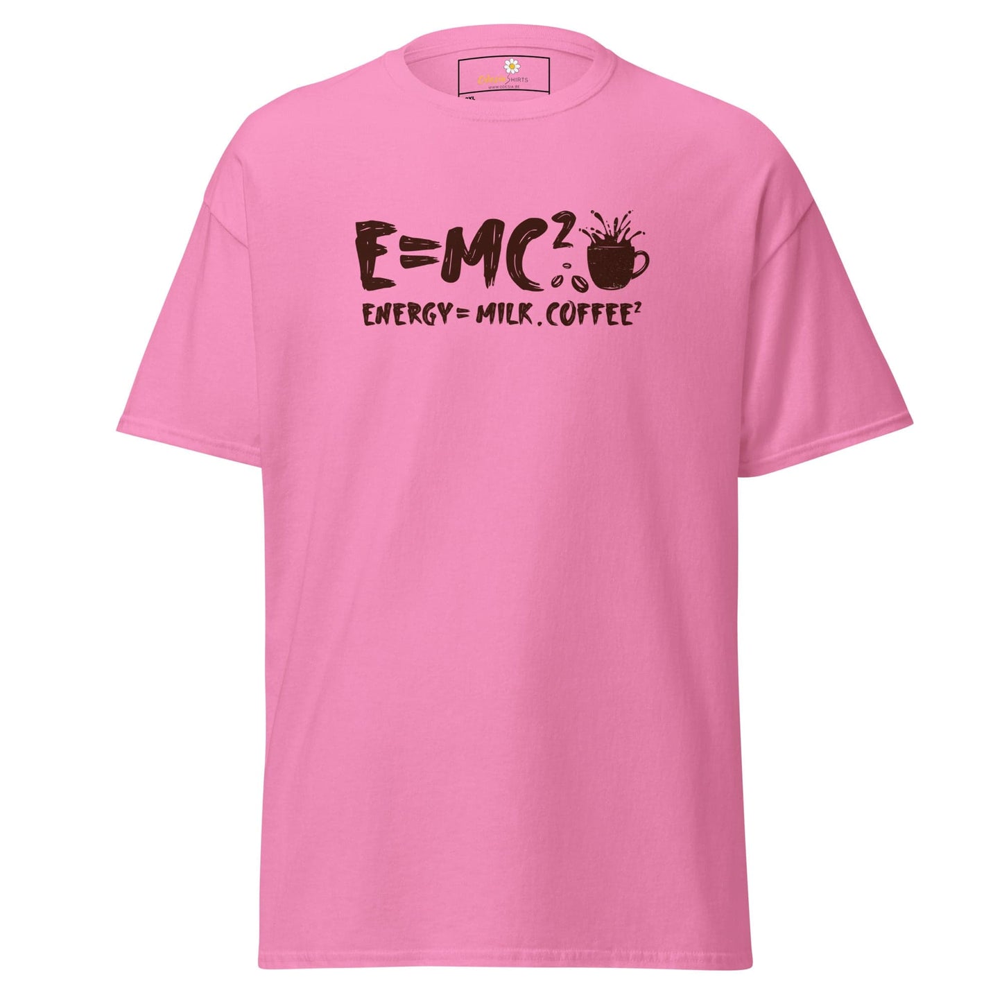 Pink t-shirt with coffee equation graphic.