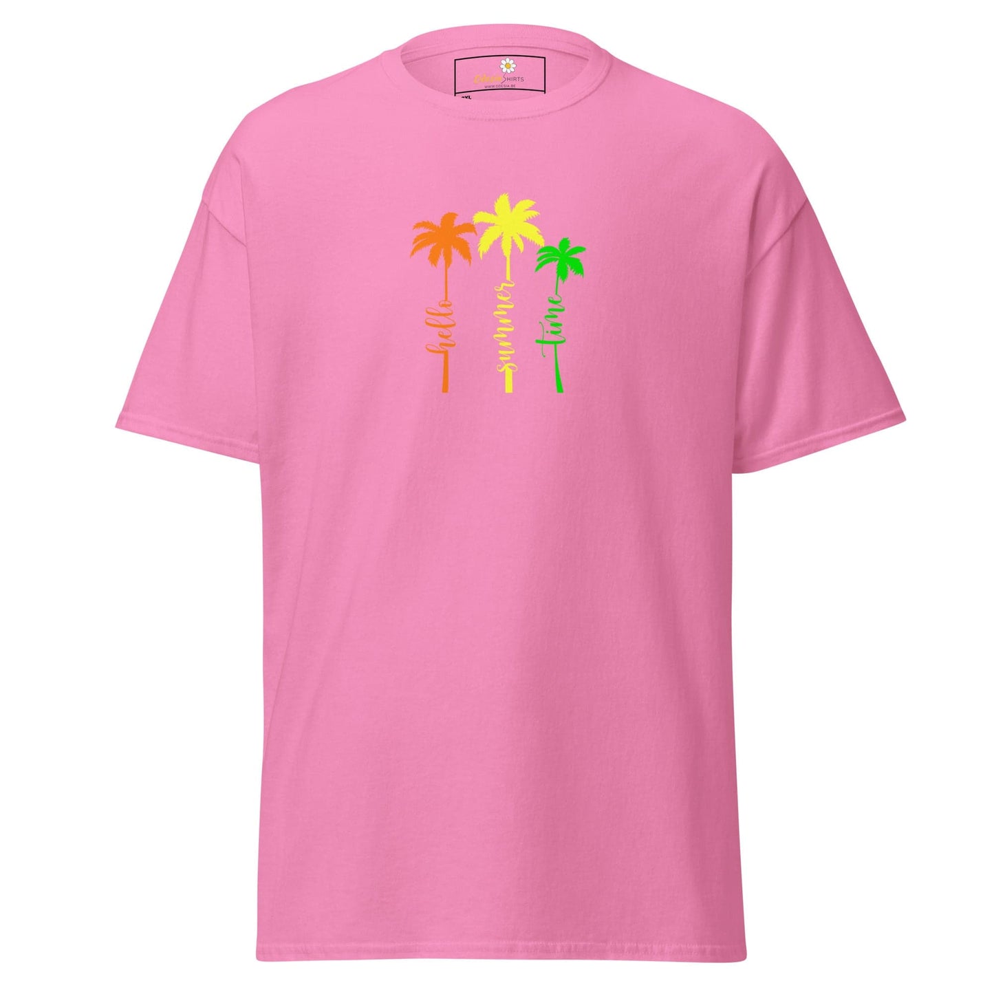 Pink t-shirt with palm tree design.