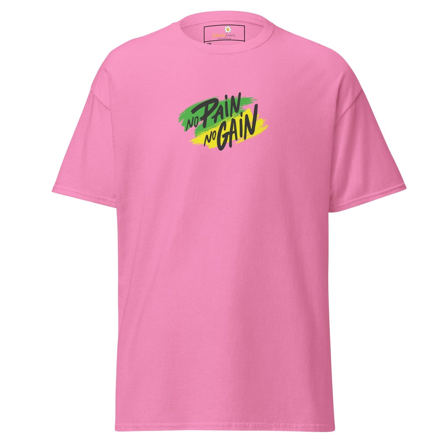 Pink T-shirt with No Pain No Gain graphic from T-SHIRT DESIGN TEE for Men and Women