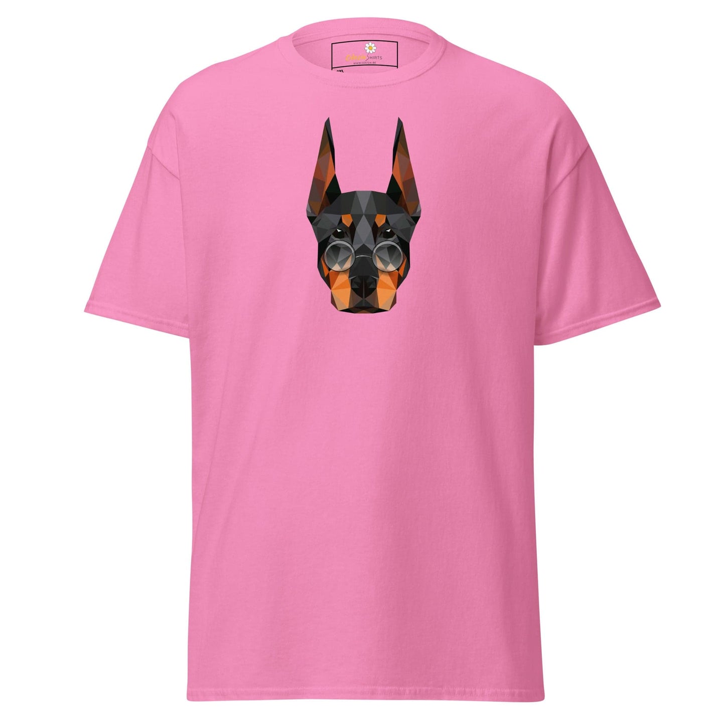 Pink T-shirt featuring a dog graphic for men and women in sizes 2XL to 5XL