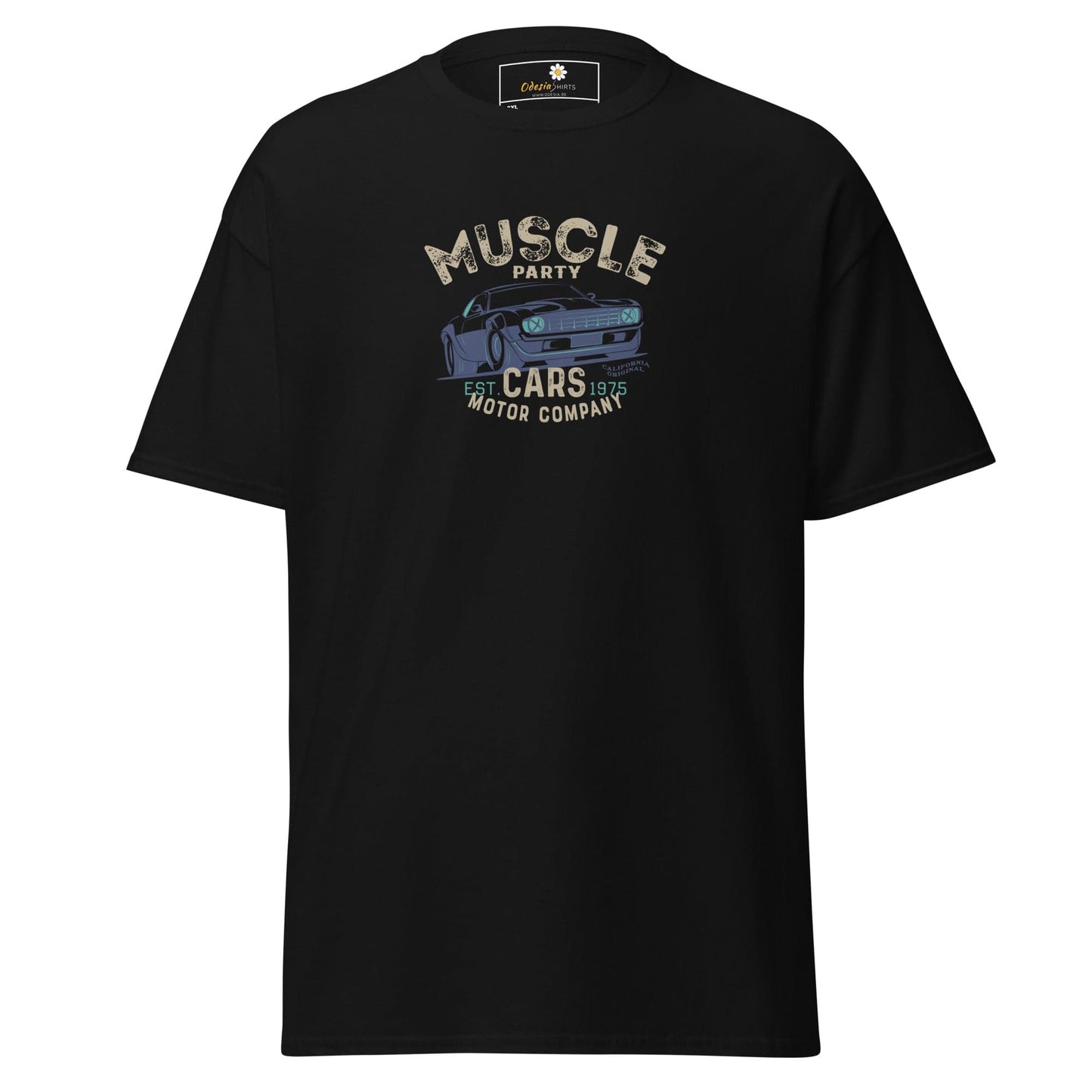 Black t-shirt with car graphic.