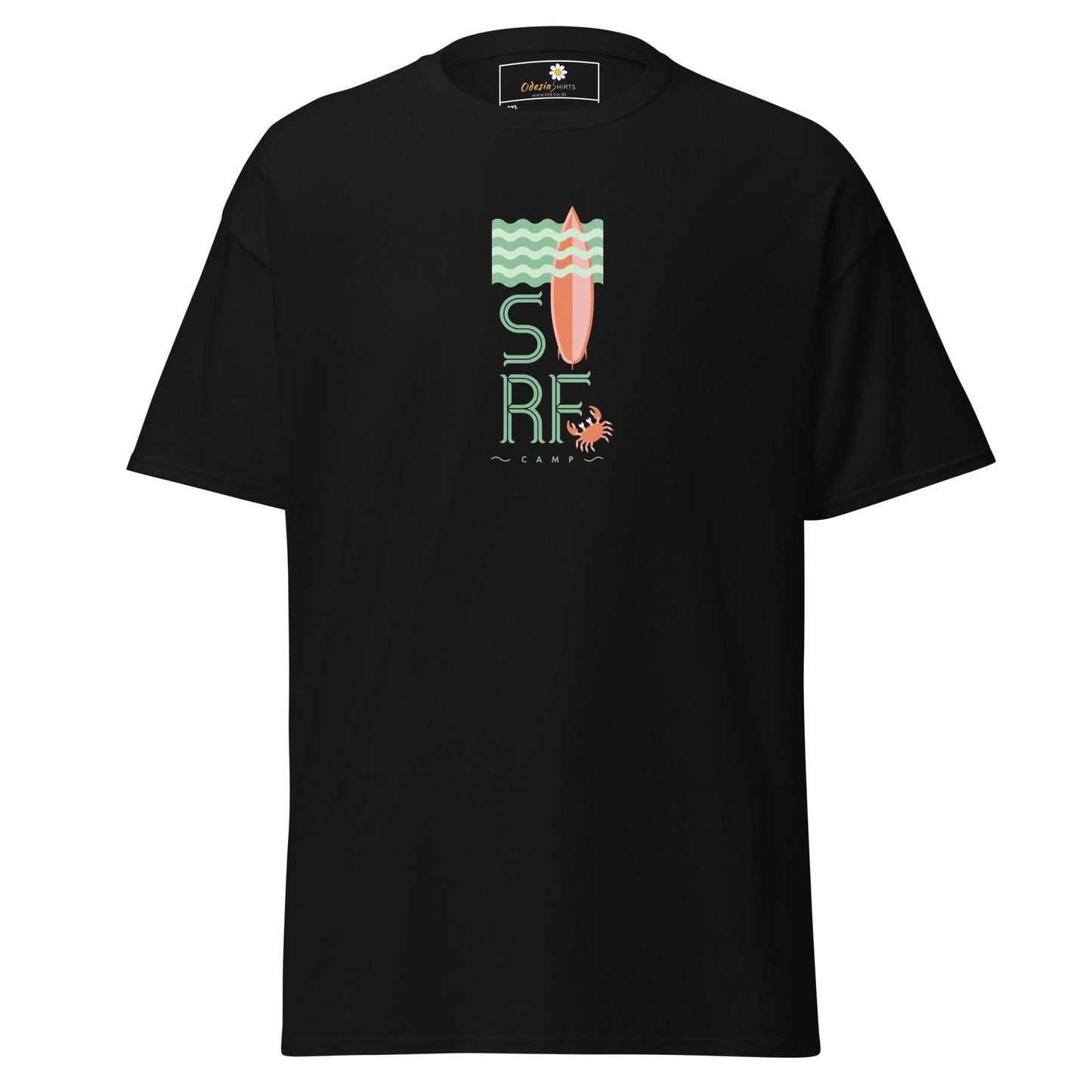 Black t-shirt with surf camp design.
