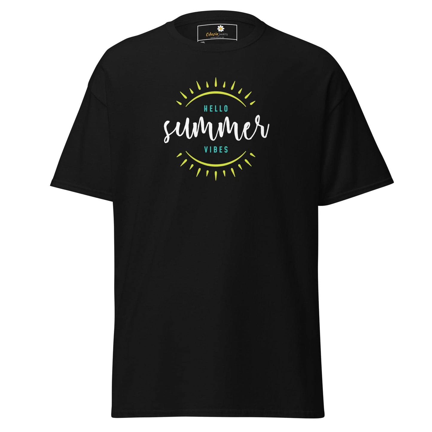 Black t-shirt with ’Hello Summer Vibes’ graphic.