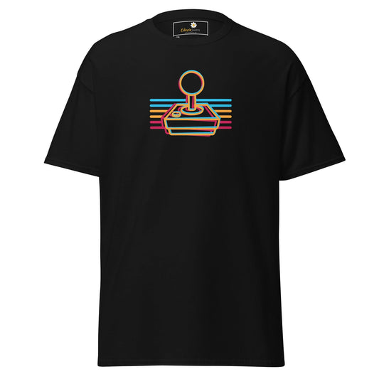 Black t-shirt with retro joystick design.