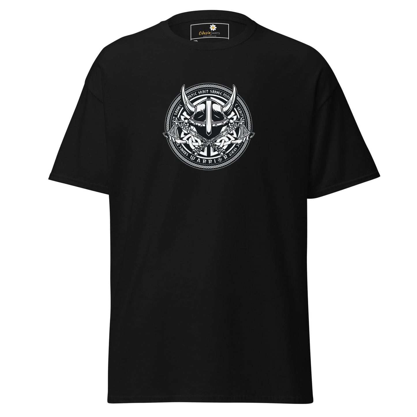 Black t-shirt with a circular Viking helmet graphic.