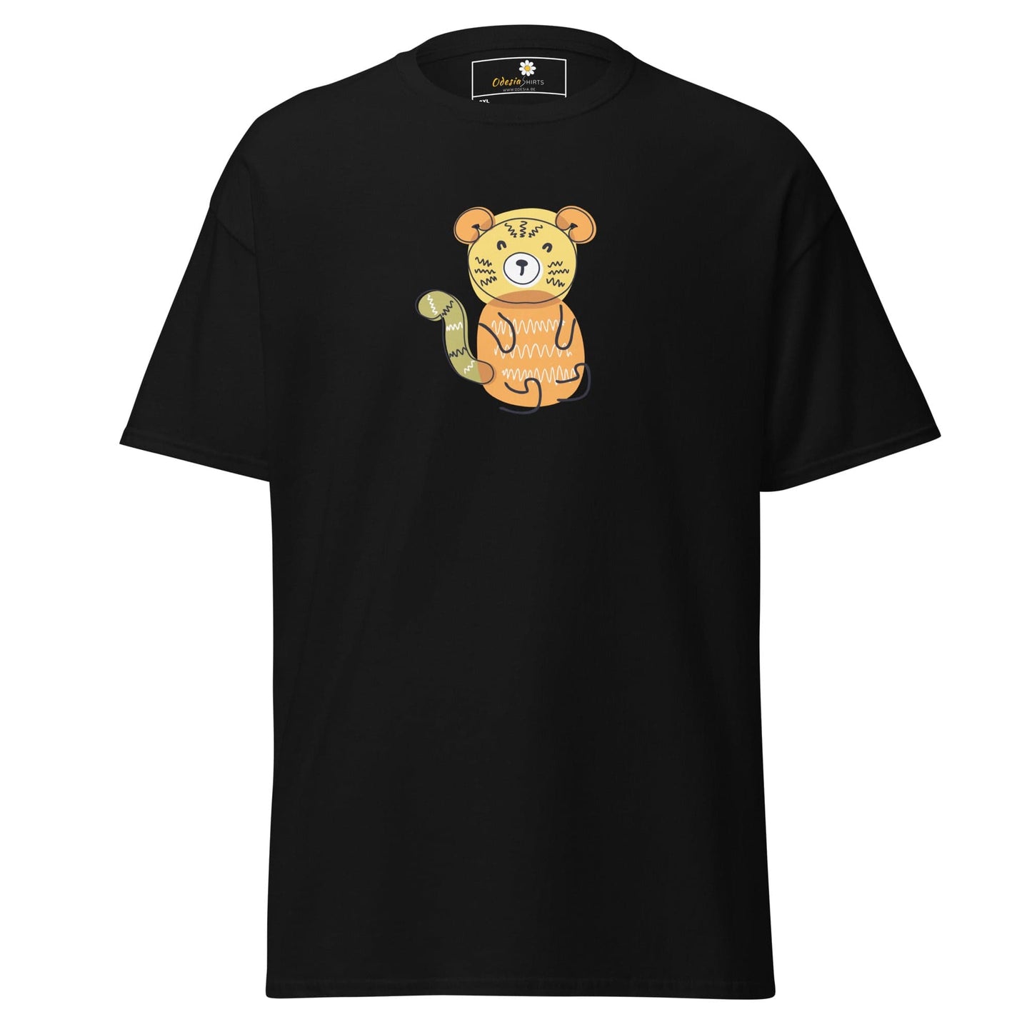 Black T-shirt with cartoon tiger design for men and women in sizes 2XL to 5XL