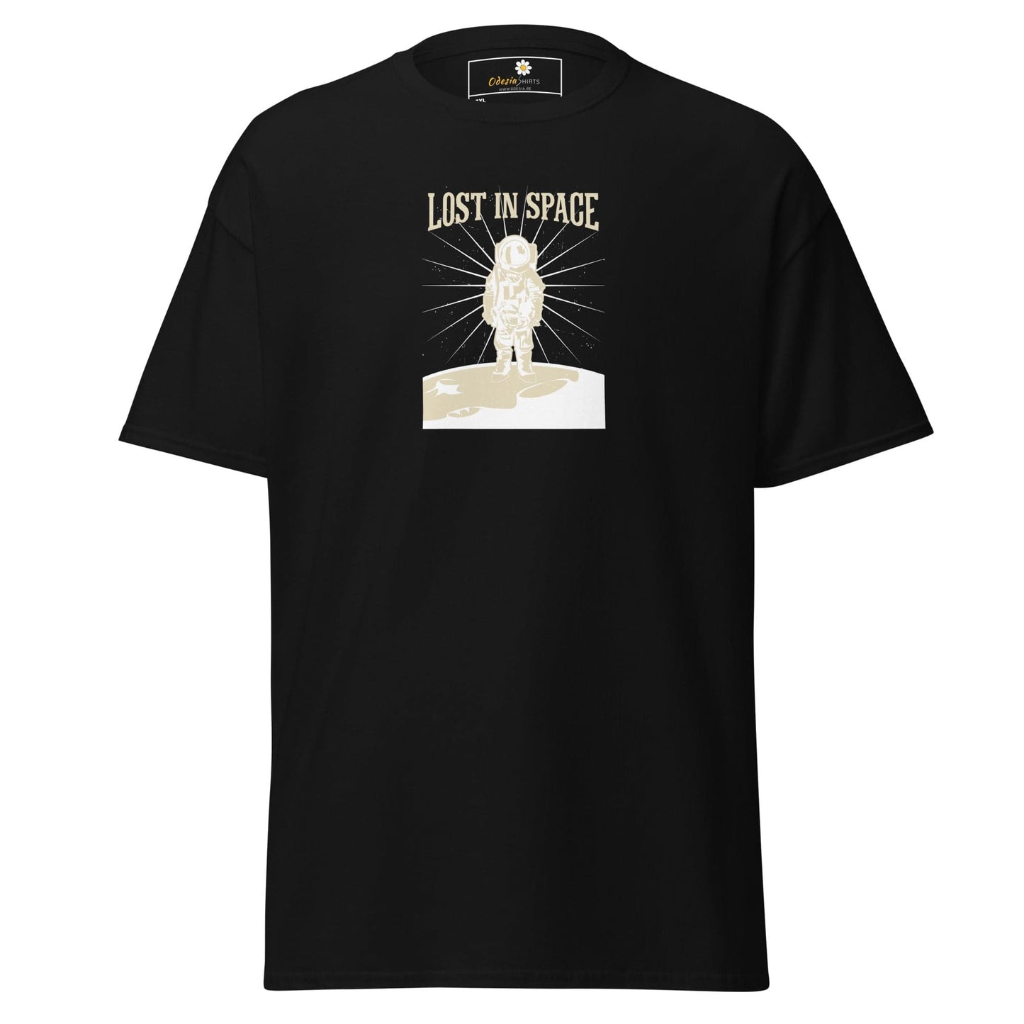Black T-shirt with astronaut graphic for men and women available in 2XL to 5XL sizes