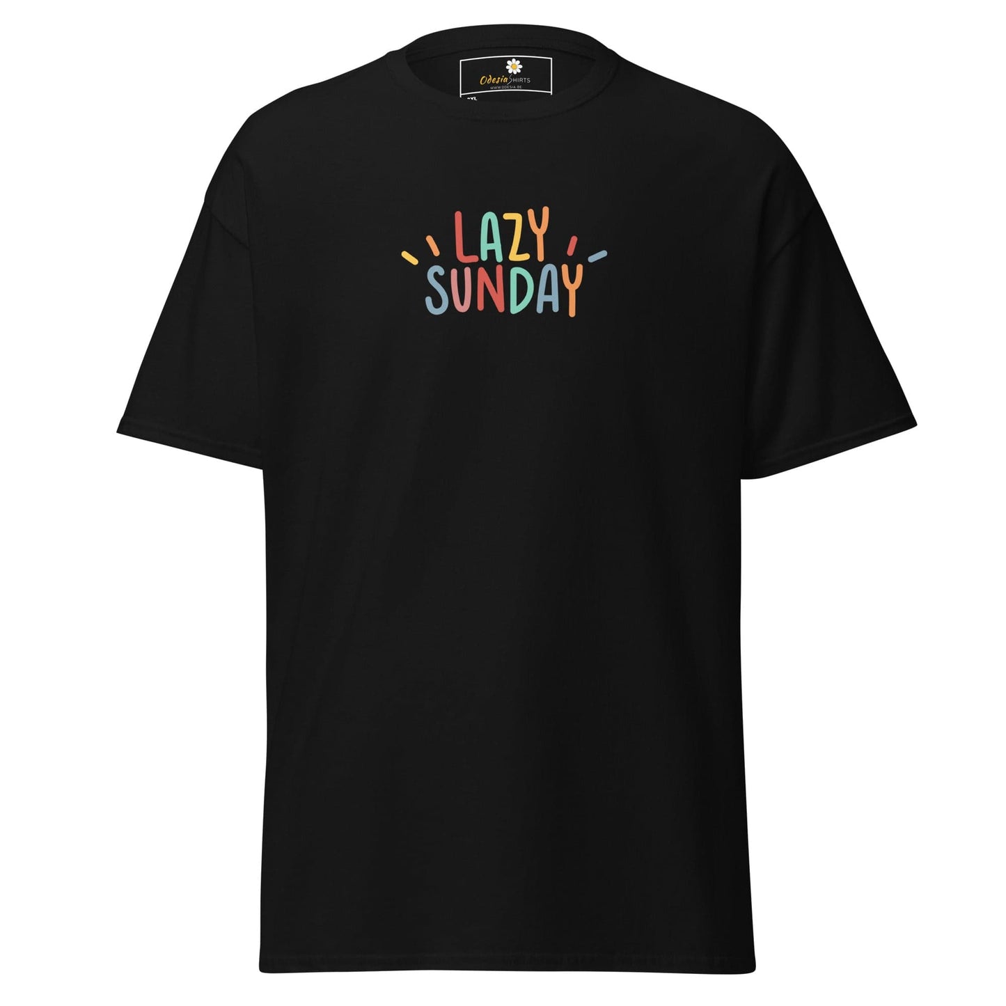 Black t-shirt with ’Lazy Sunday’ text.