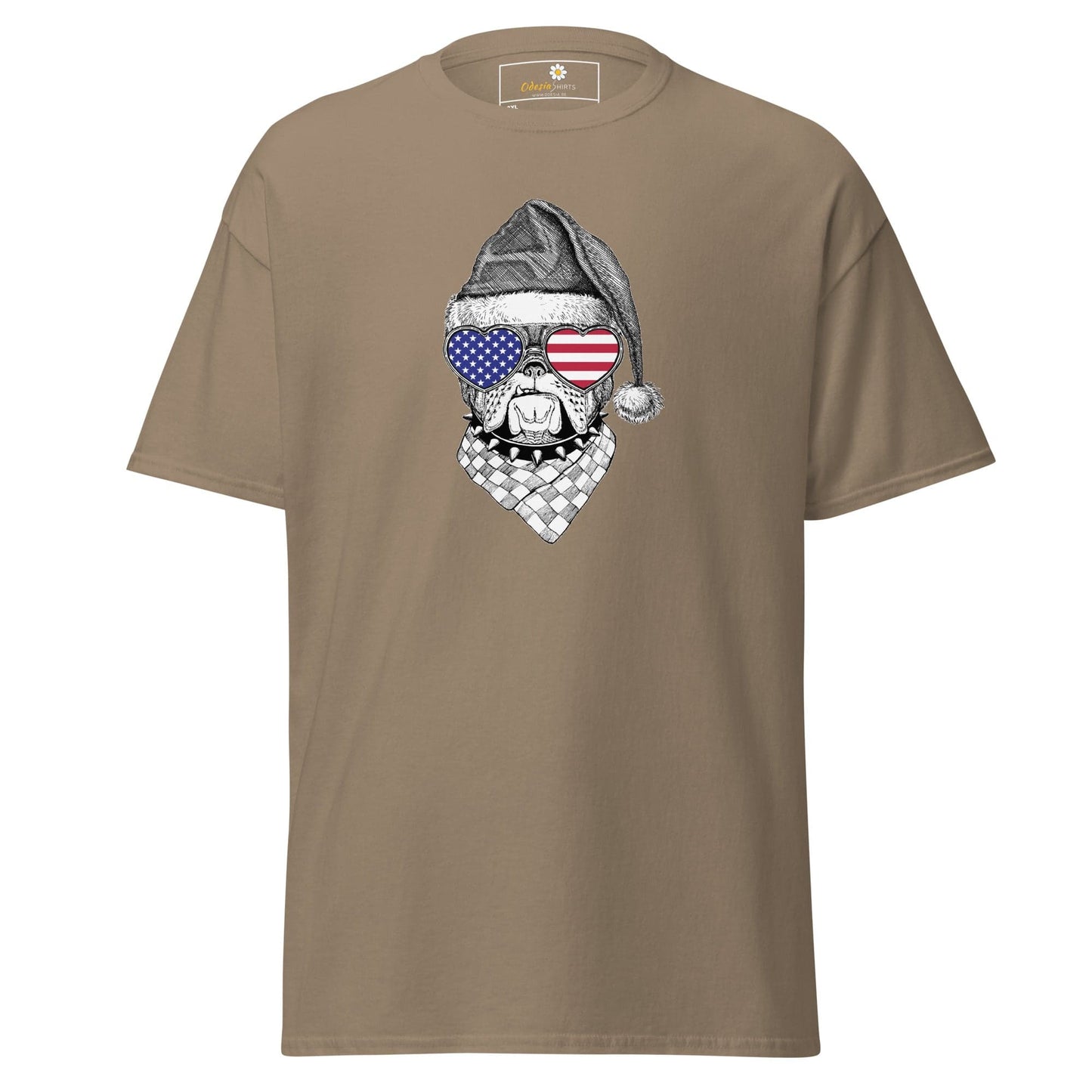 Khaki men’s and women’s T-shirt with dog graphic available in 2XL to 5XL sizes