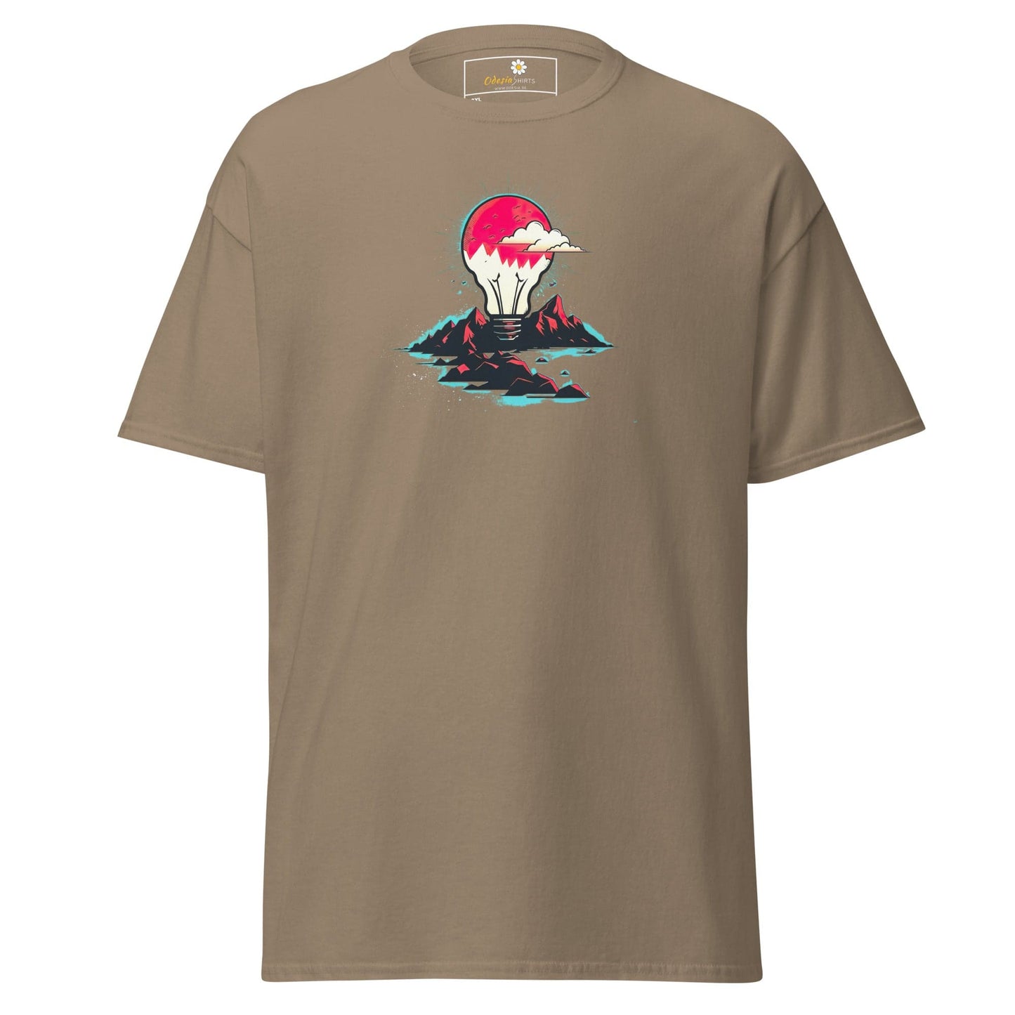 Khaki T-shirt with lightbulb design for men and women in sizes 2XL to 5XL