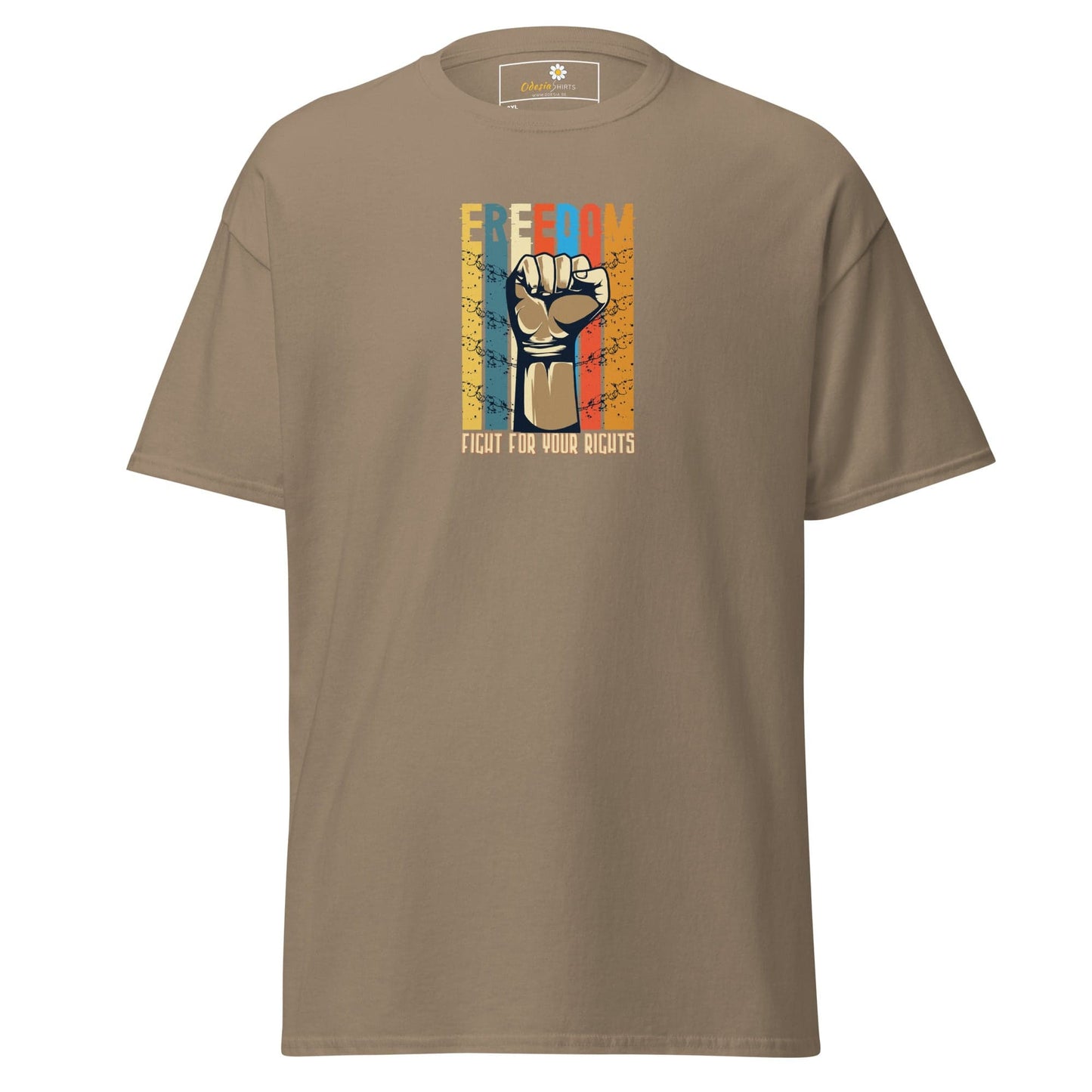 Taupe T-shirt with graphic fist design for men and women in sizes 2XL to 5XL