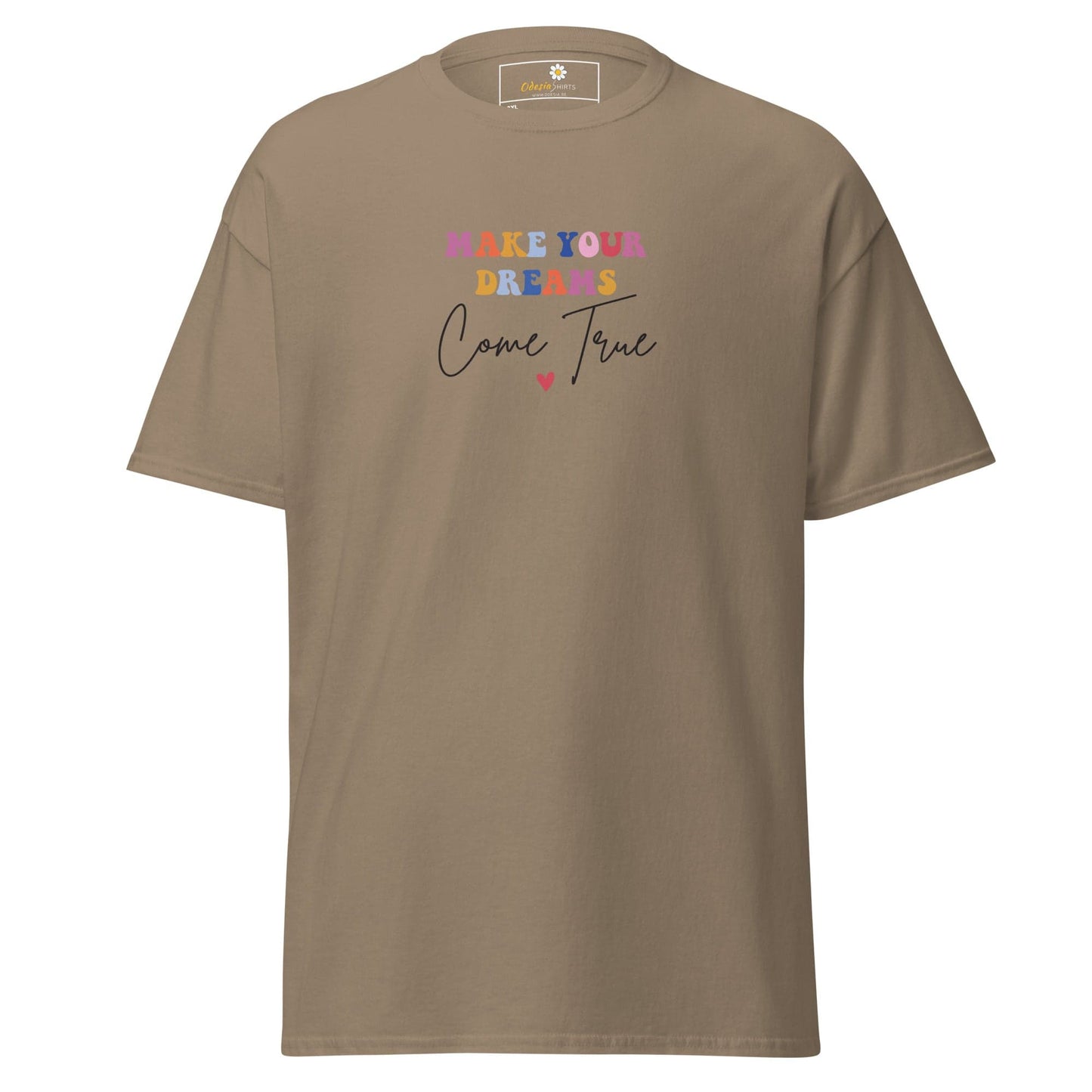 Khaki t-shirt with colorful text.