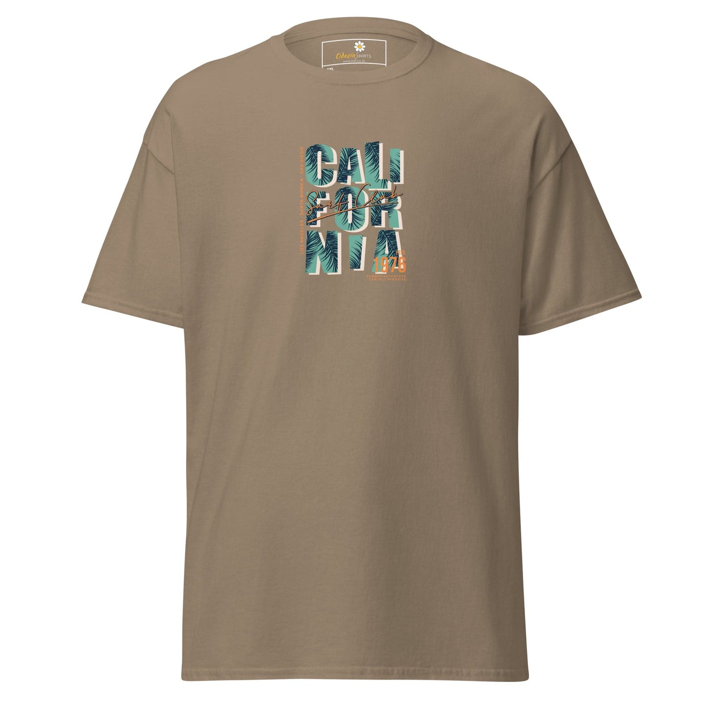 Khaki t-shirt with ’California’ text.
