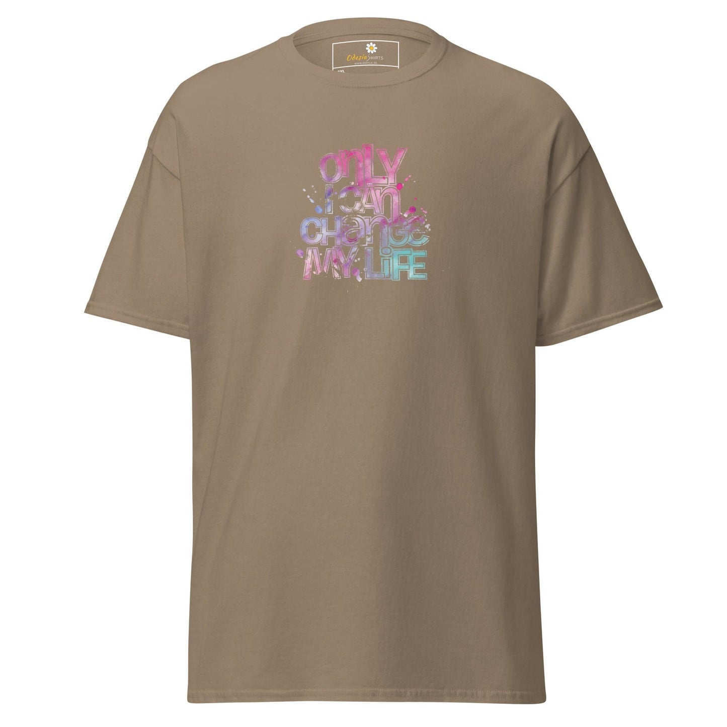 Khaki T-shirt with colorful text design for Men and Women in 2XL to 5XL sizes