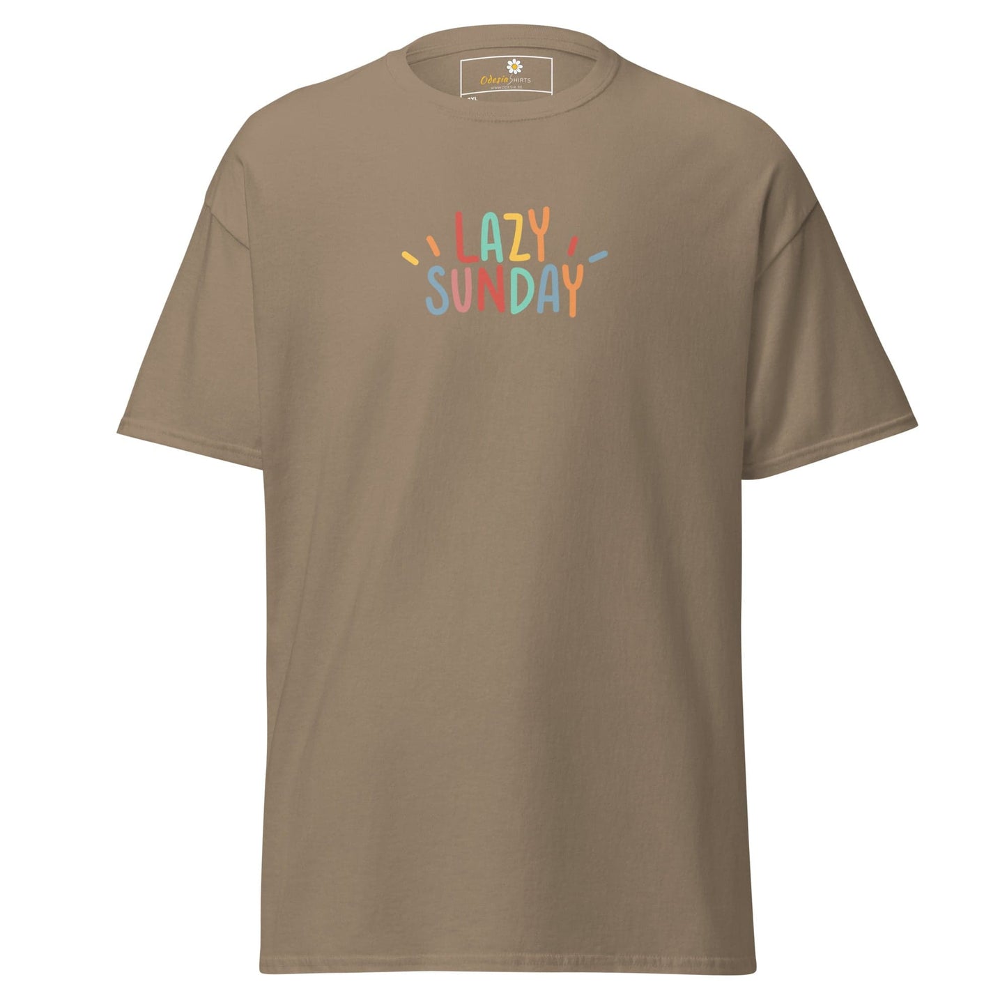 Khaki t-shirt with colorful text.