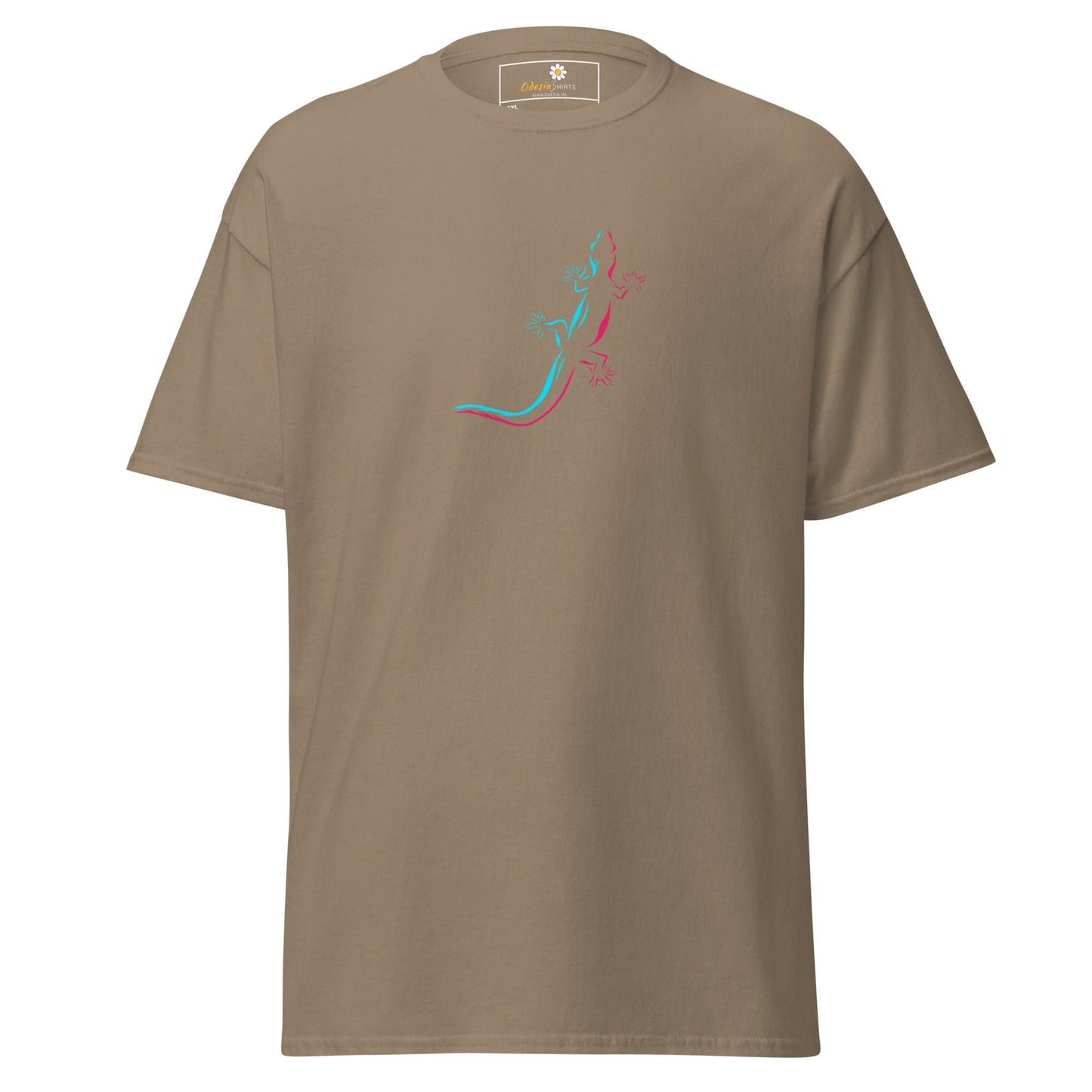 Khaki t-shirt with lizard design.